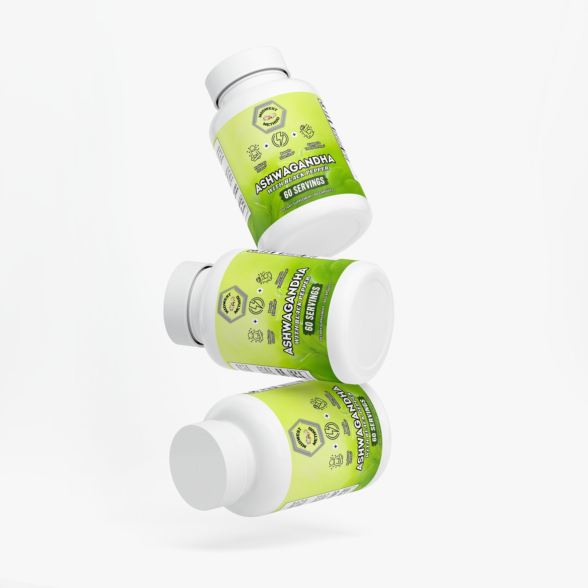 Label of Midwest Method Ashwagandha specialty supplement bottle showing supplement details and branding.