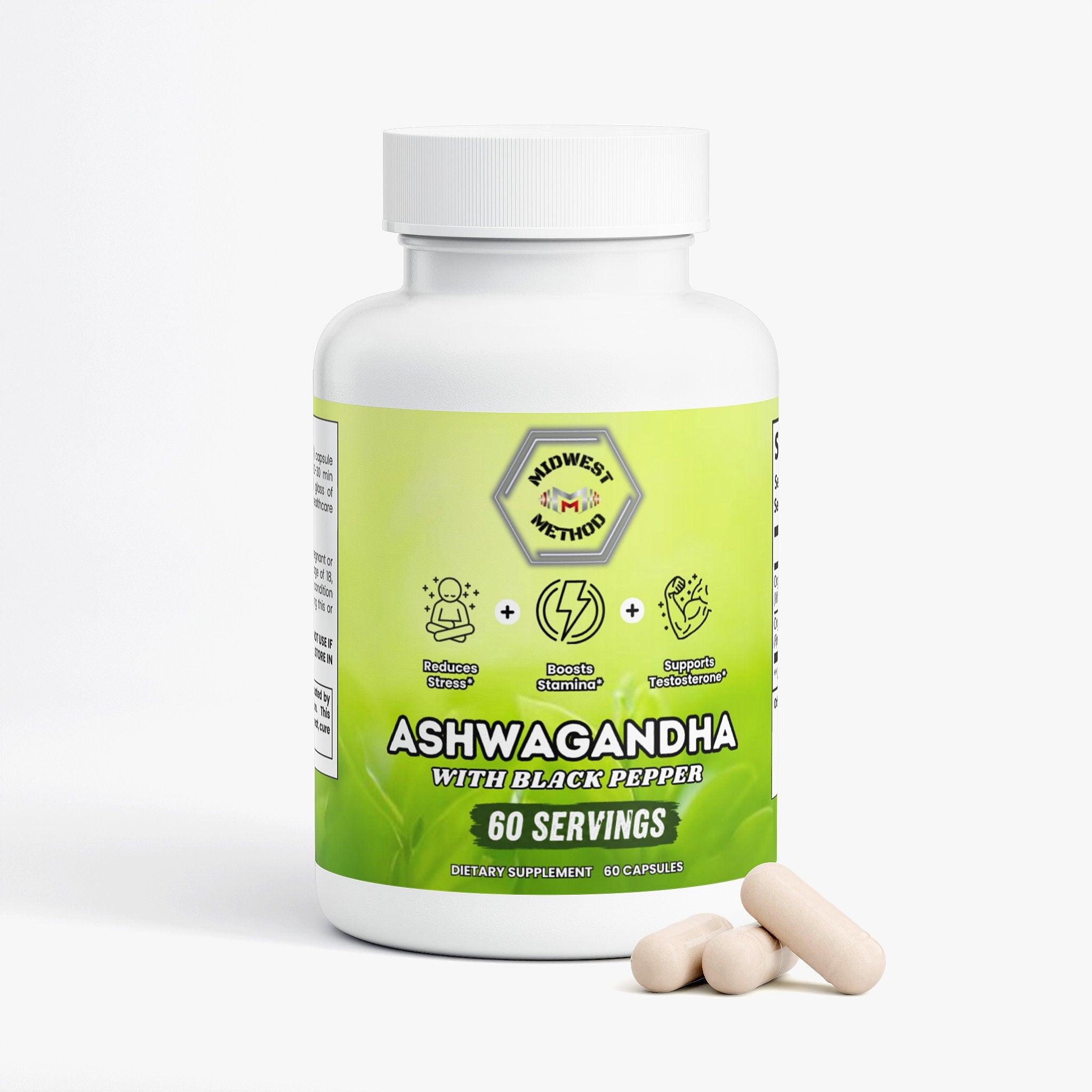 Midwest Method Ashwagandha specialty supplement bottle with label displaying herbal supplement details and branding.