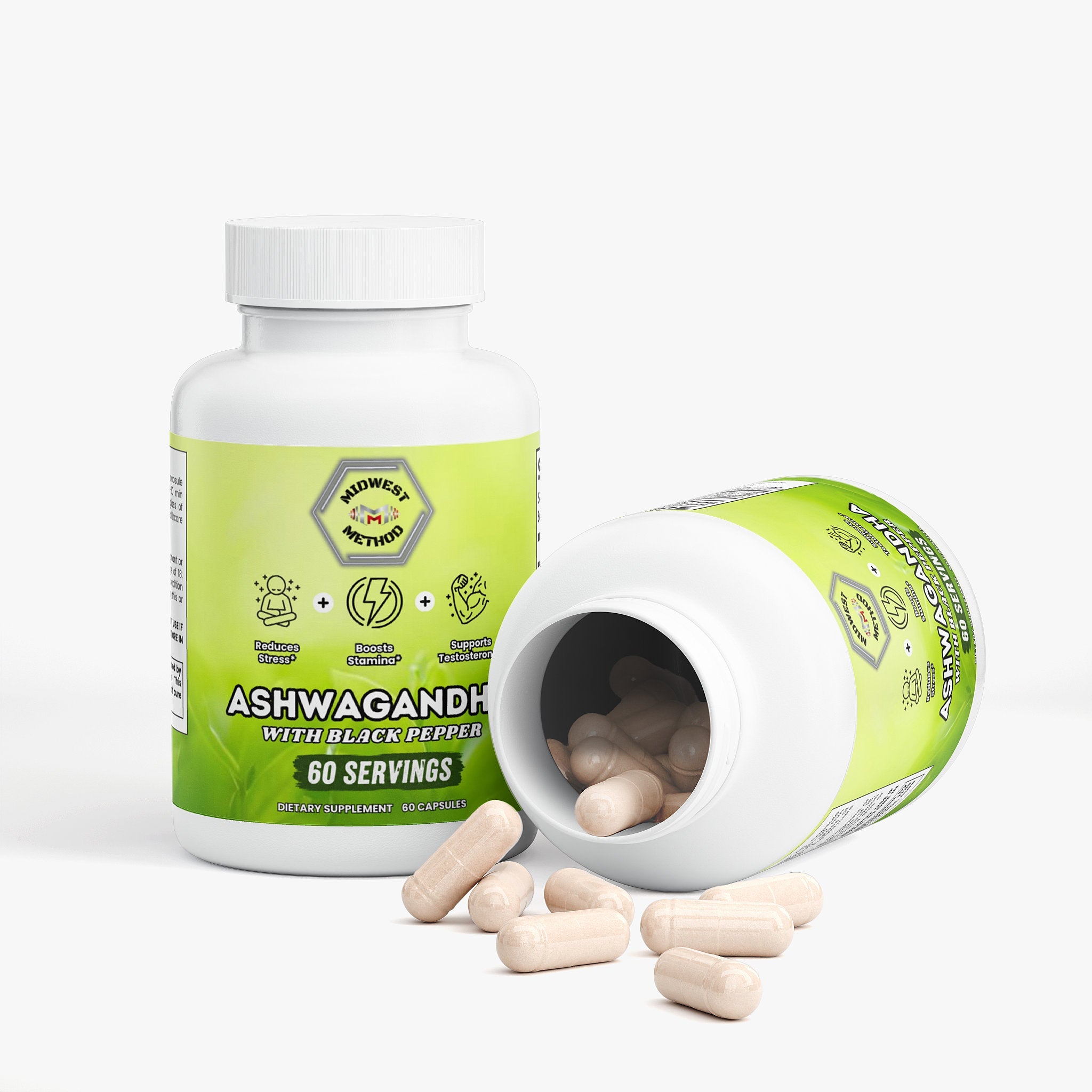 Midwest Method Ashwagandha supplement bottle with label showing herbal supplement for stress relief and wellness.