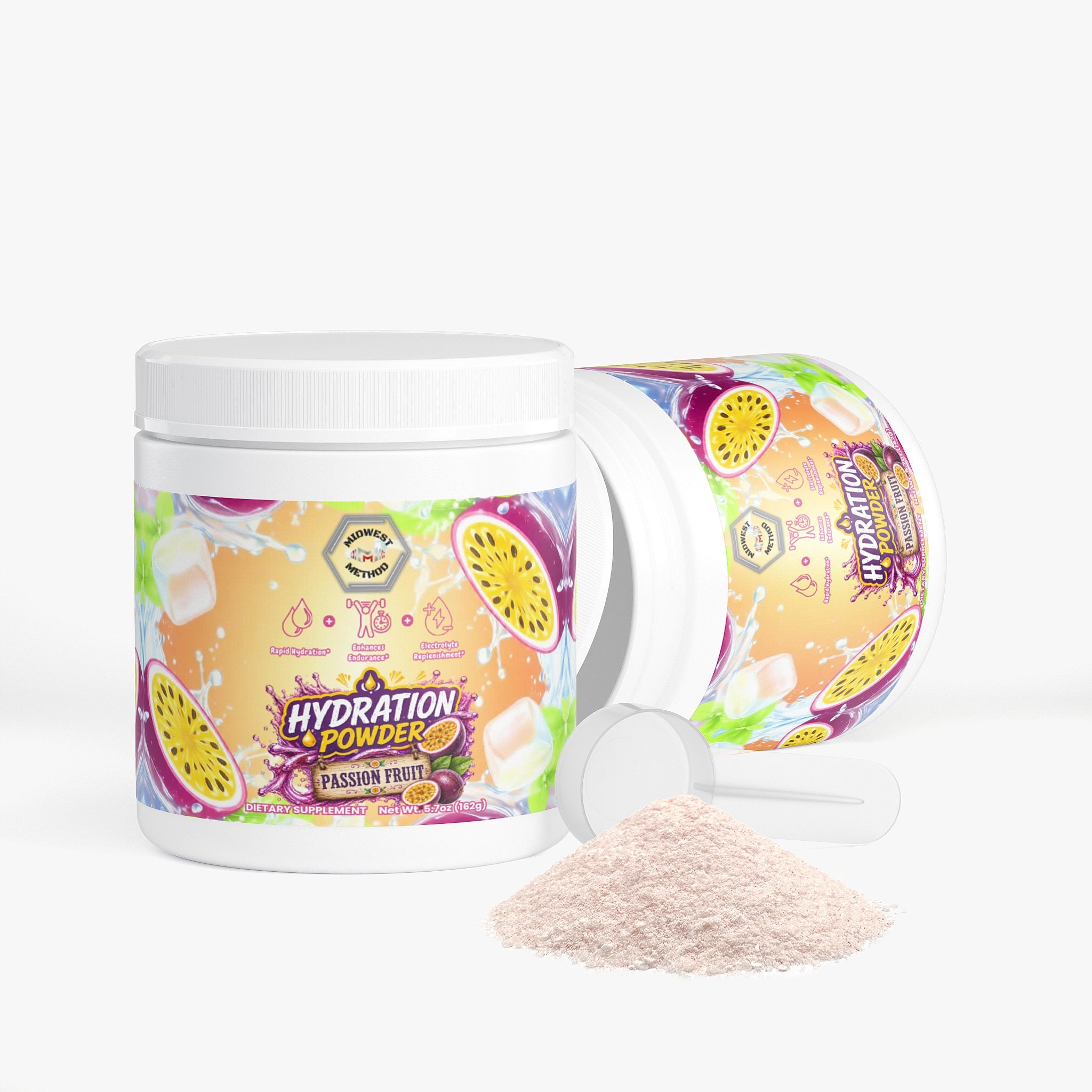 Midwest Method hydration powder with passion fruit flavor, intra-workout supplement in a colorful container.