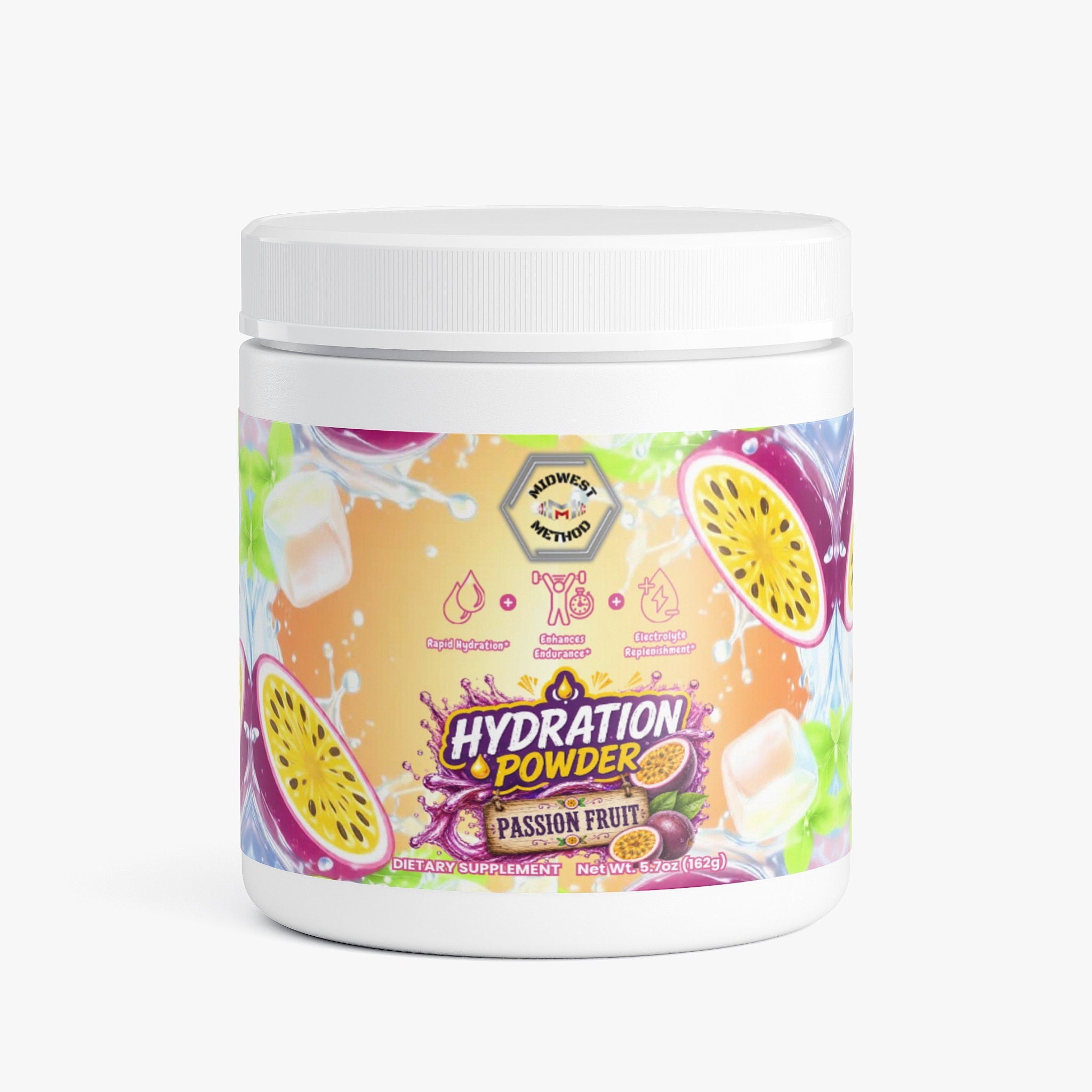Midwest Method Passion Fruit Hydration Powder in a container, intra-workout supplement with vibrant label design.
