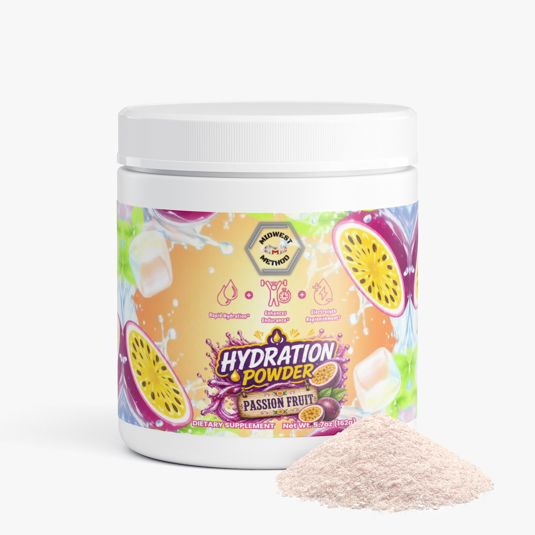 Midwest Method Passion Fruit Hydration Powder for intra-workout, showing the colorful label and packaging of the supplement.