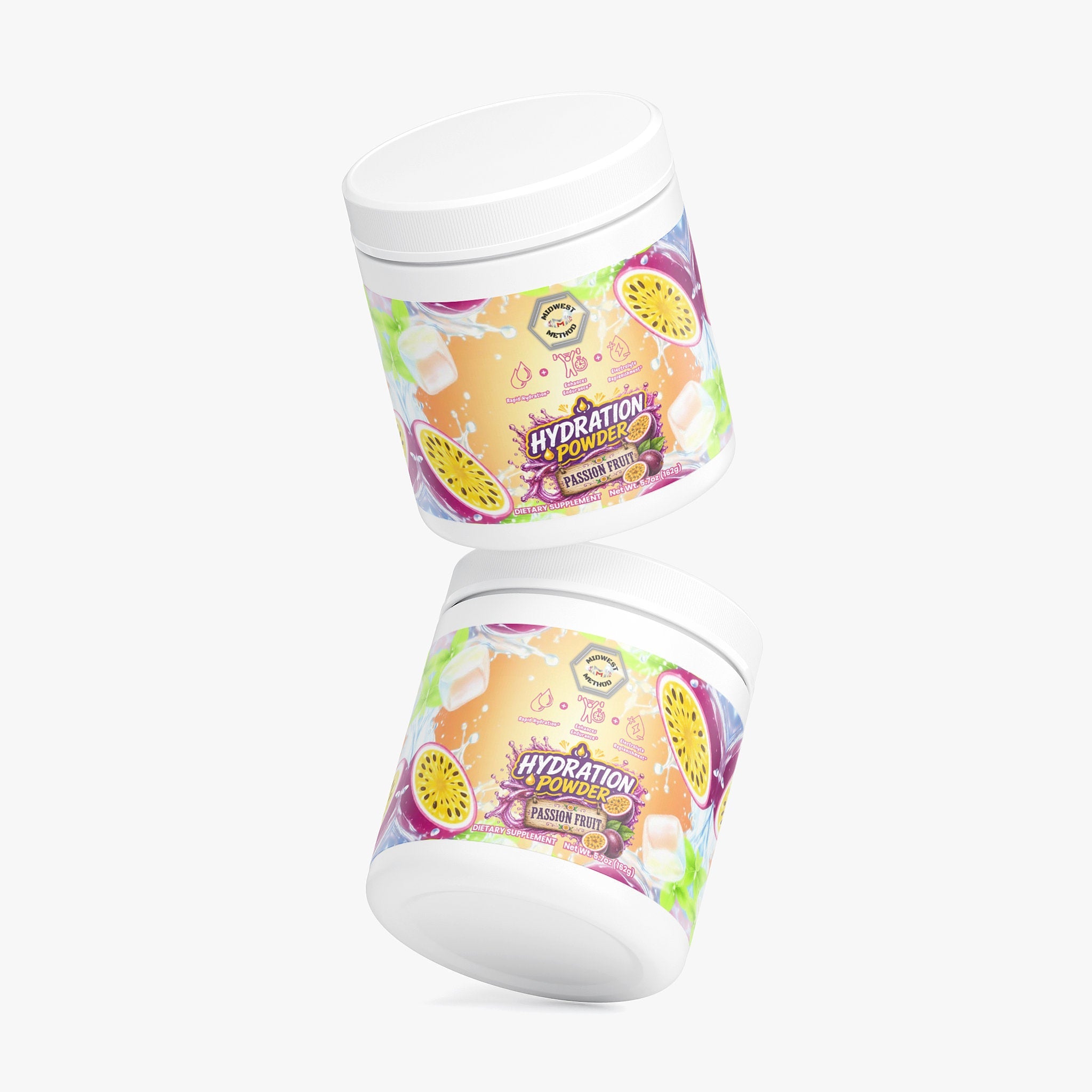 Midwest Method Passion Fruit Hydration Powder for intra-workout, with vibrant passion fruit flavor and supplement packaging.