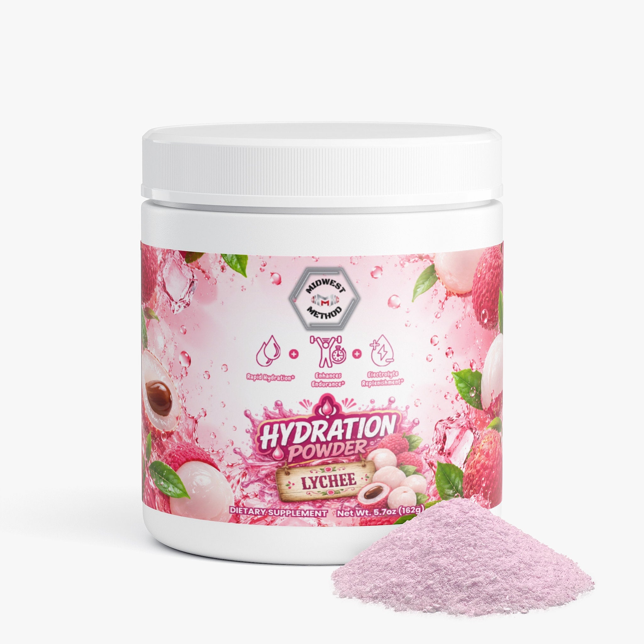 Midwest Method Lychee Hydration Powder for intra-workout hydration with natural lychee flavor and electrolyte blend.