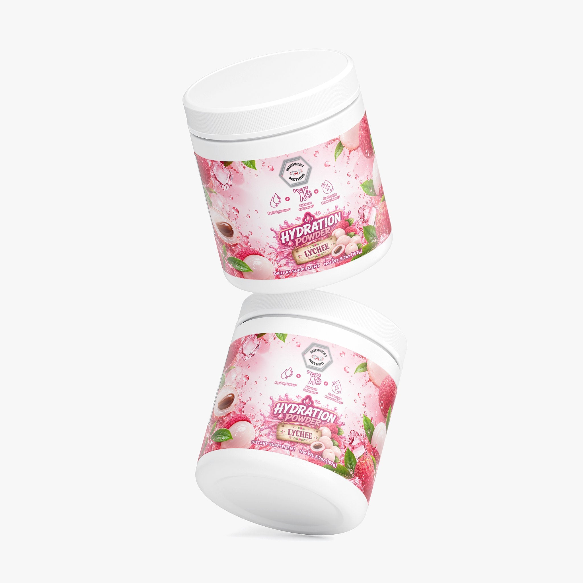 Midwest Method Lychee Hydration Powder for intra-workout, showing the colorful label and powder packaging.