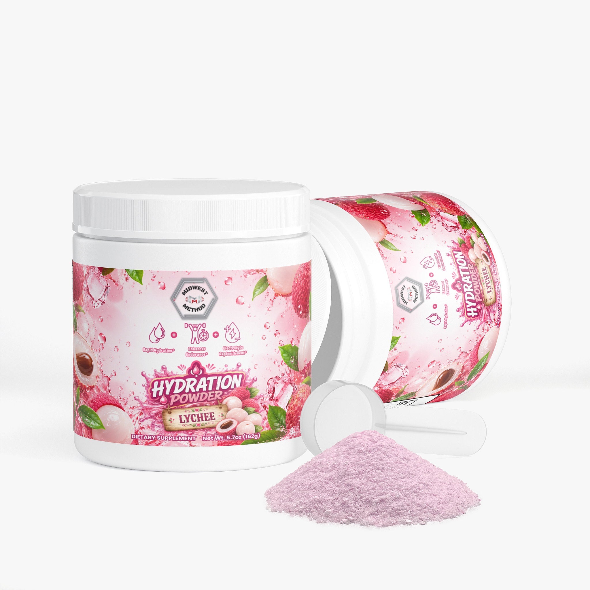Midwest Method Hydration Powder with lychee flavor, intra-workout supplement in a colorful container with label and scoop.