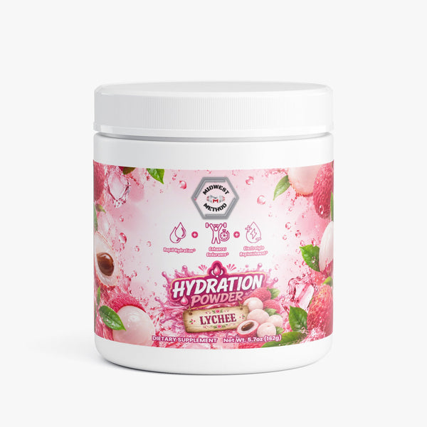 Midwest Method Lychee Hydration Powder for intra-workout, featuring a colorful label with flavor and supplement details.