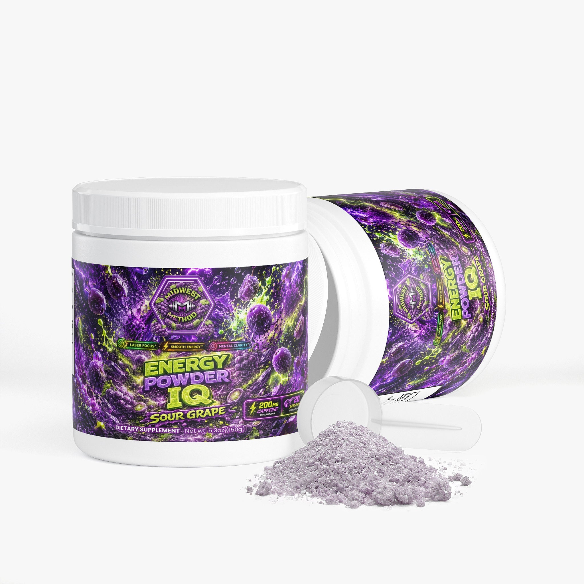 Midwest Method Energy Powder IQ in Sour Grape flavor, showing vibrant purple powder and label on a container for brain and cognitive support.