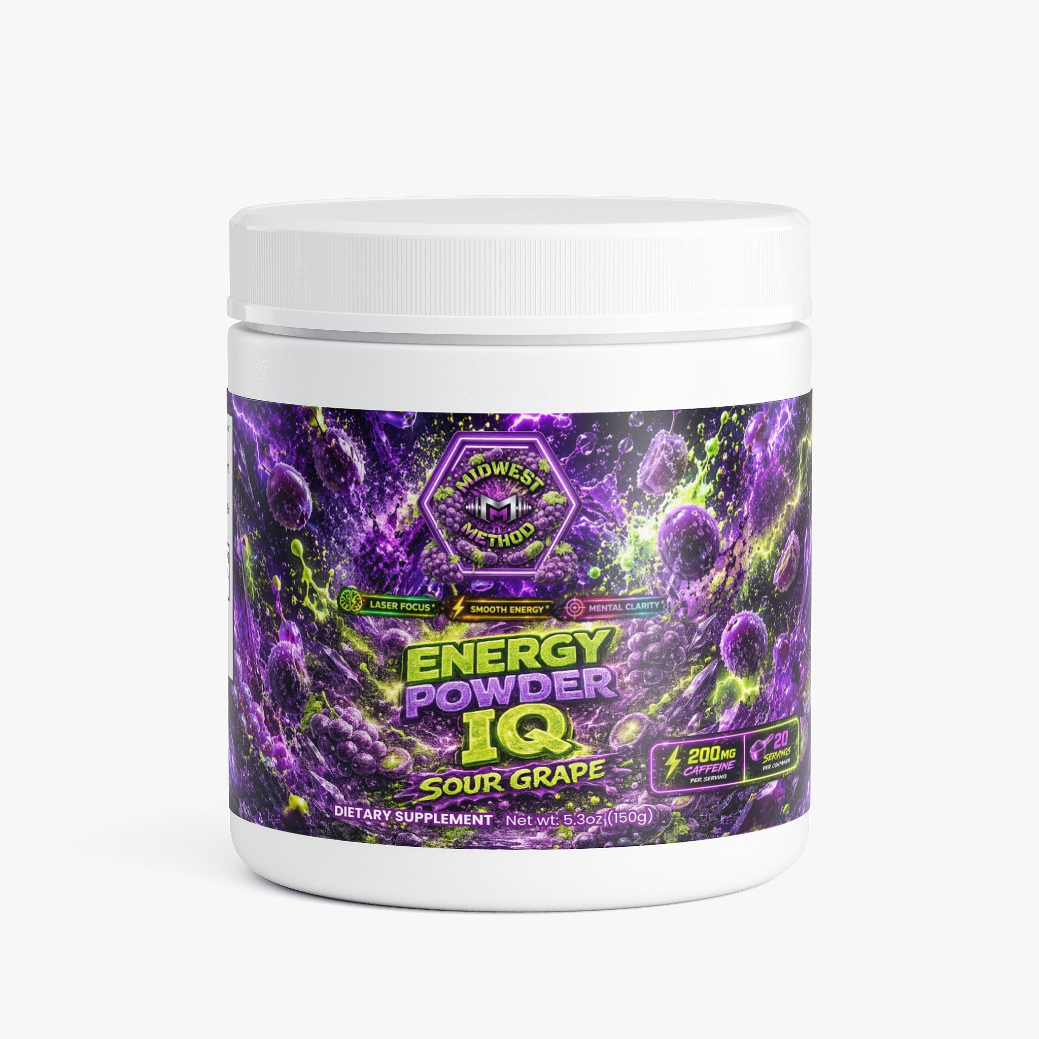 Midwest Method Energy Powder IQ in Sour Grape flavor, featuring the brain and cognitive support supplement label with vibrant purple accents.
