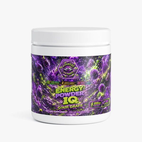 Midwest Method Energy Powder IQ in Sour Grape flavor, featuring the brain and cognitive support supplement label with vibrant purple accents.