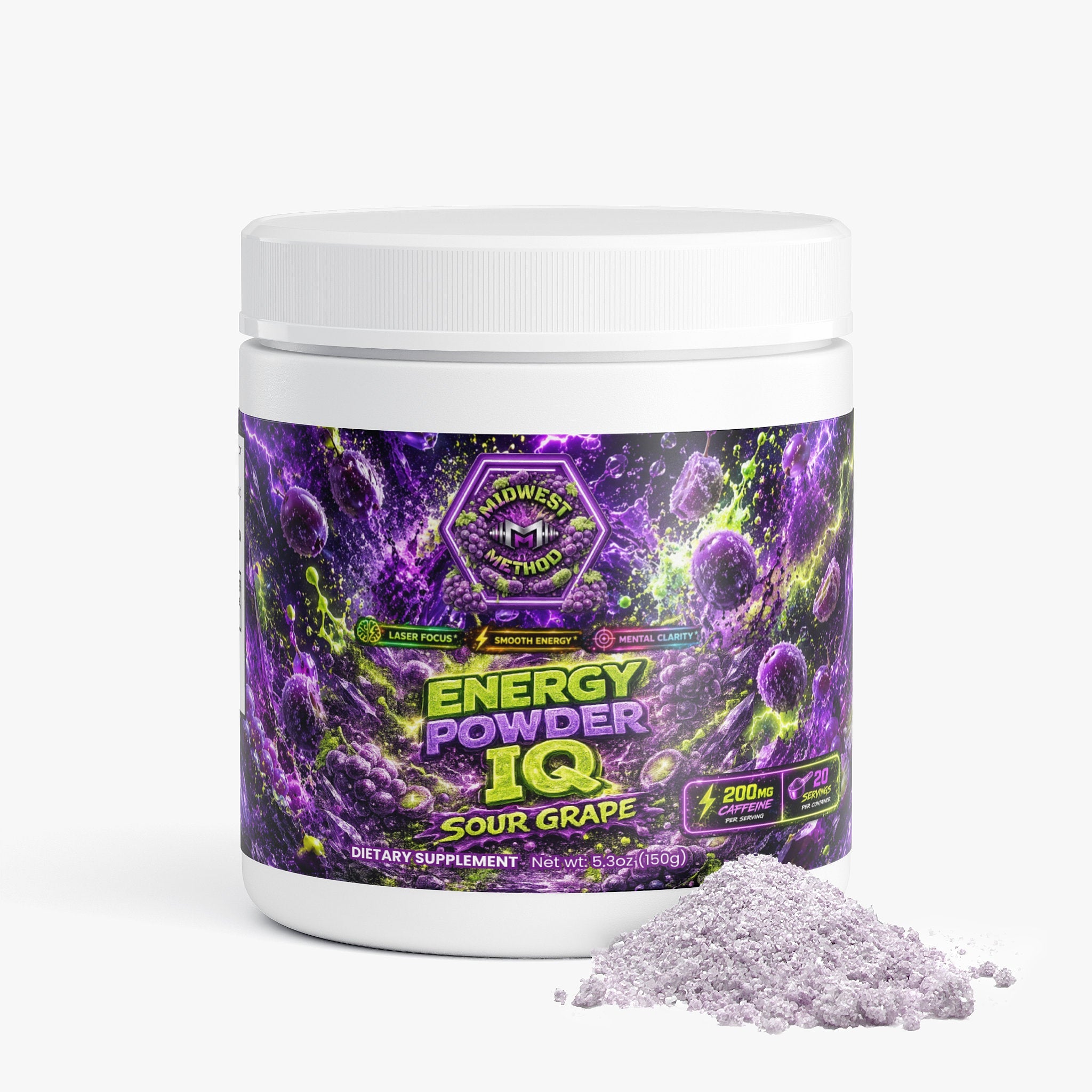 Midwest Method Energy Powder IQ in Sour Grape flavor, showing the label on the brain and cognitive supplement container.