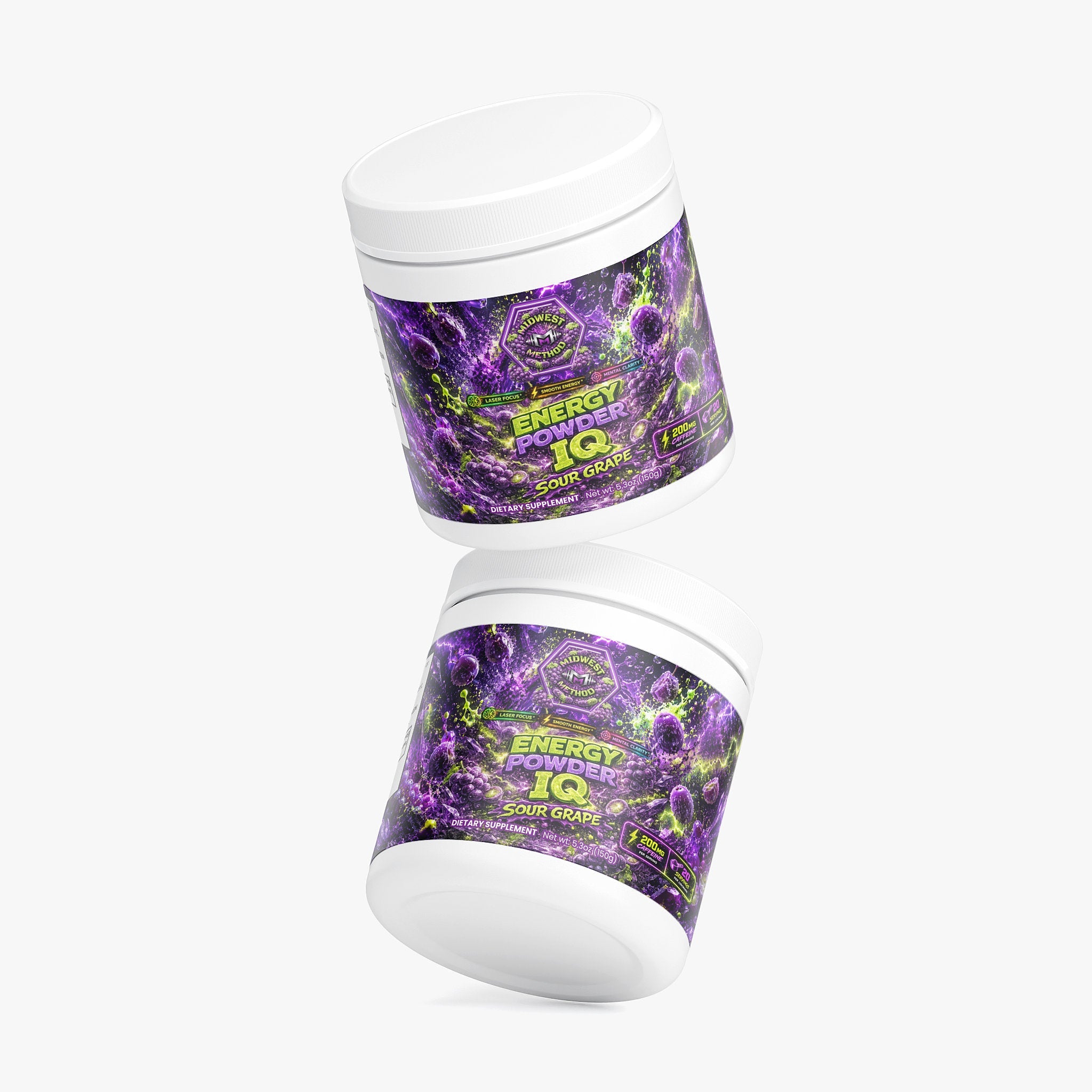 Midwest Method Energy Powder IQ in Sour Grape flavor, featuring vibrant packaging for enhanced brain and cognitive support.