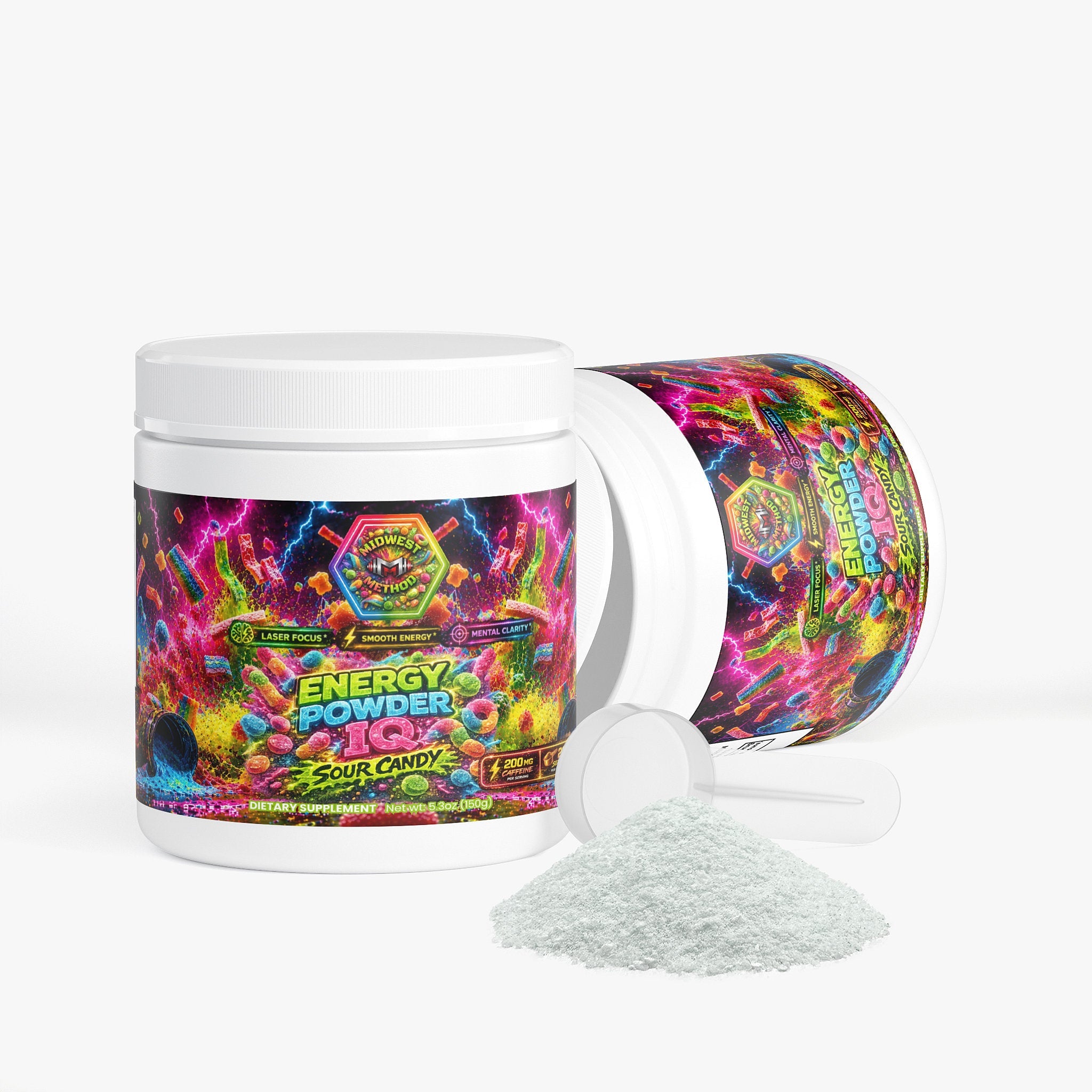 Midwest Method Energy Powder IQ in Sour Candy flavor, brain and cognitive supplement with bright, colorful packaging.