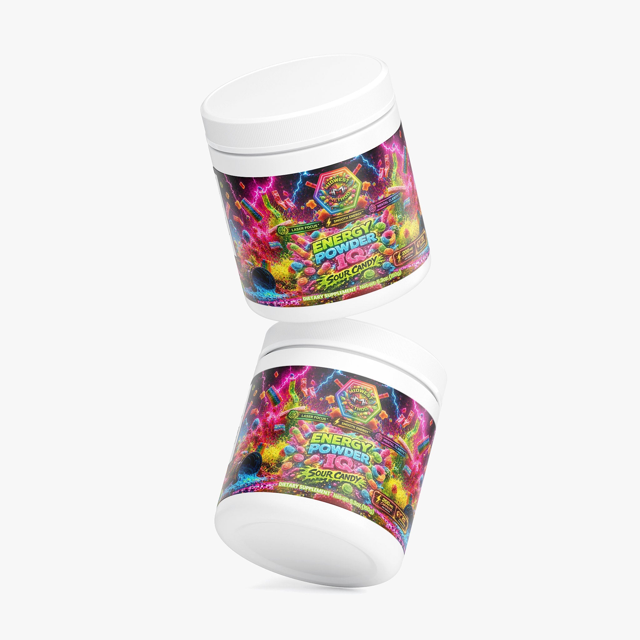 Midwest Method Energy Powder IQ Sour Candy flavor, brain and cognitive supplement with colorful packaging and labeled ingredients.