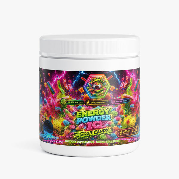 Midwest Method Energy Powder IQ in Sour Candy flavor, brain and cognitive supplement with vibrant label design.