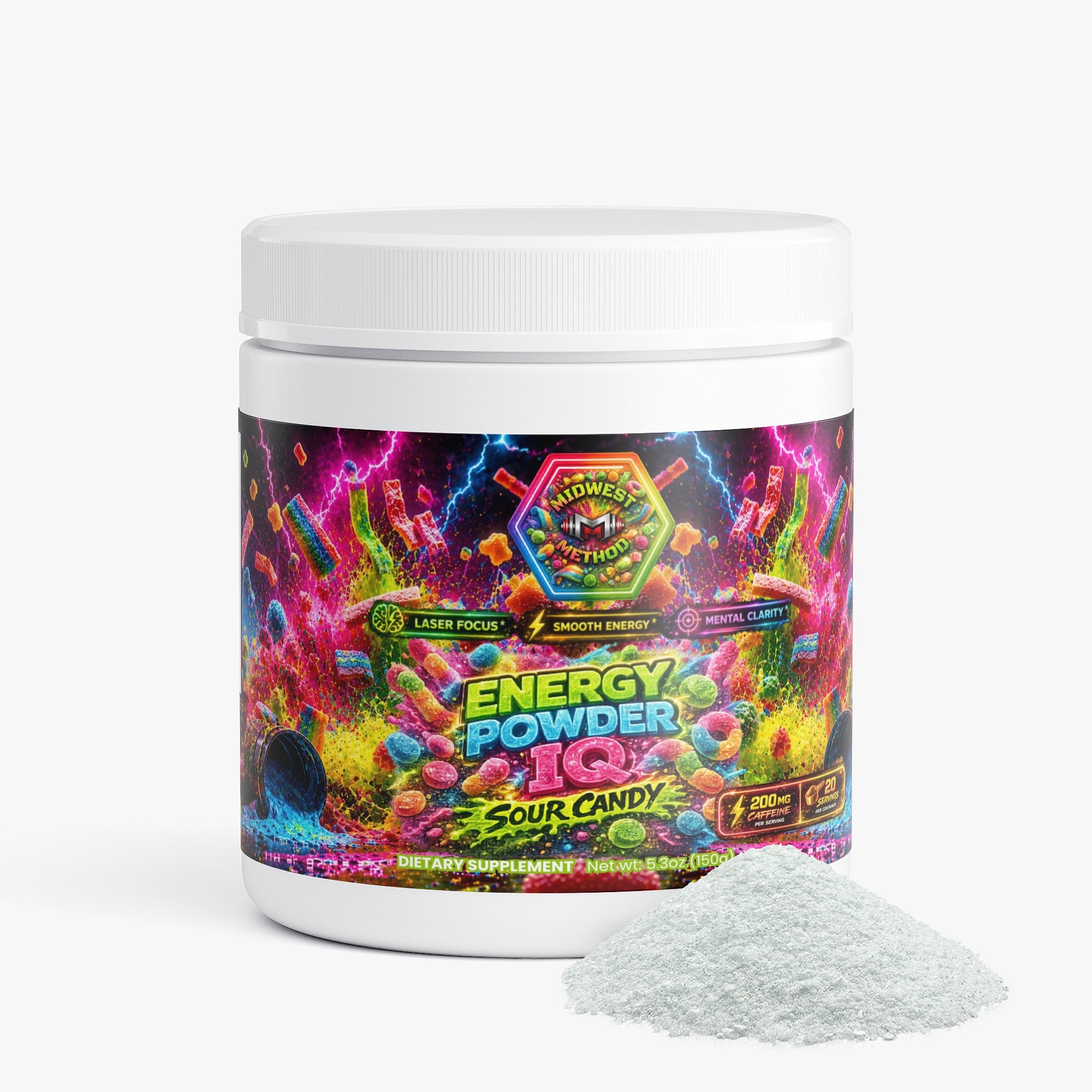 Midwest Method Energy Powder IQ in Sour Candy flavor, brain and cognitive supplement with colorful packaging and scoop of powder