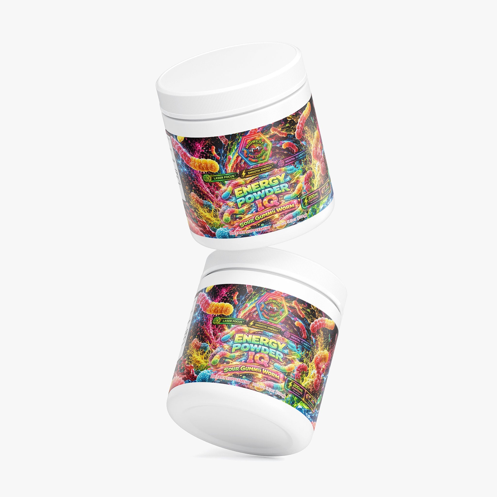 Midwest Method Energy Powder IQ Sour Gummi Worm supplement for brain and cognitive support, shown in the product label image.