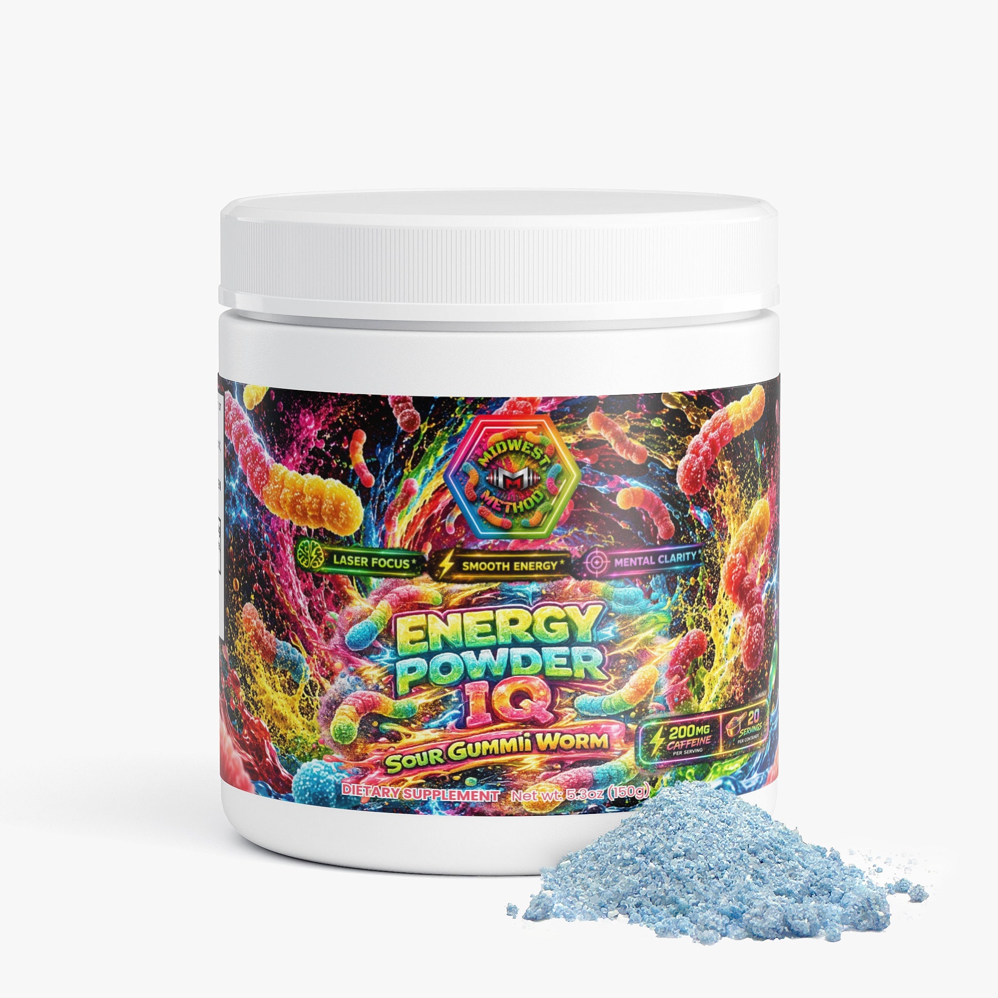 Midwest Method Energy Powder IQ Sour Gummi Worm for brain and cognitive support, displayed on the product label.