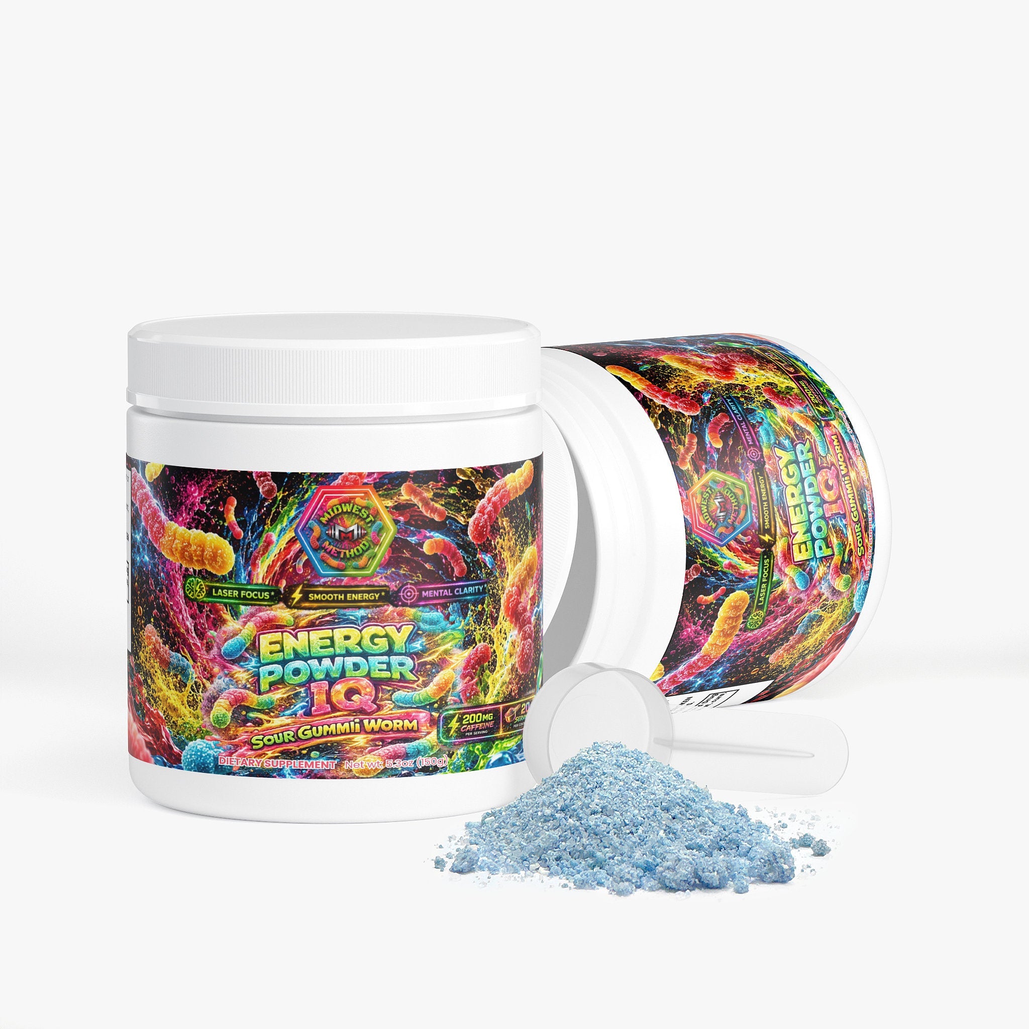 Midwest Method Energy Powder IQ sour gummi worms, brain and cognitive supplement with vibrant packaging and colorful gummi worms.