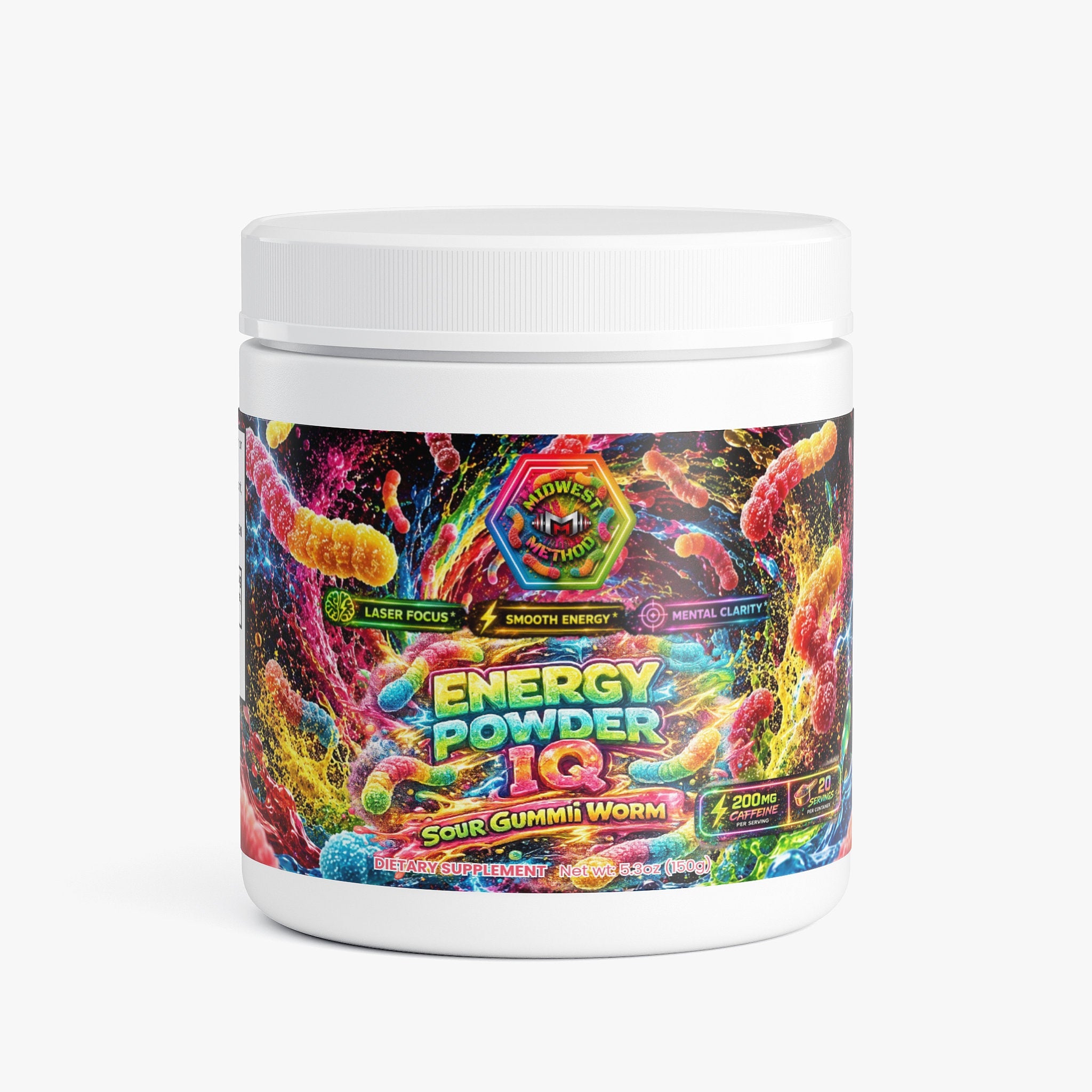 Midwest Method Energy Powder IQ sour gummi worm for brain and cognitive support, shown in its colorful packaging.