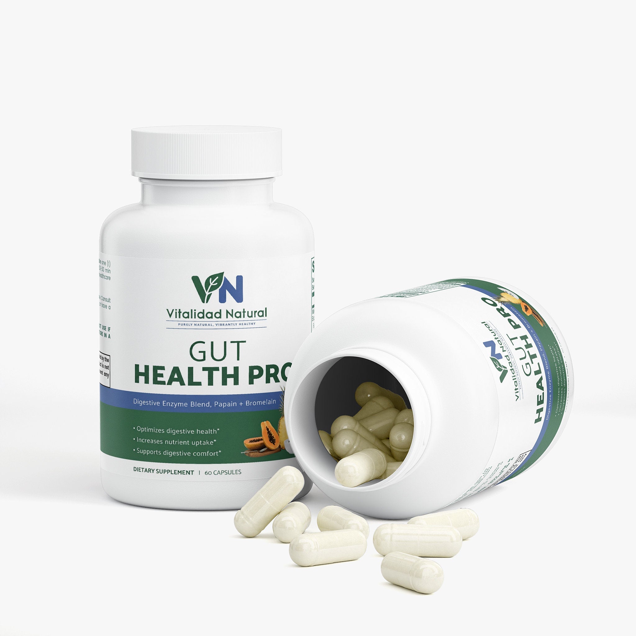 Vitalidad Natural Digestive Enzyme Pro Blend supplement bottle with label showing multi-enzyme formula for digestive support.