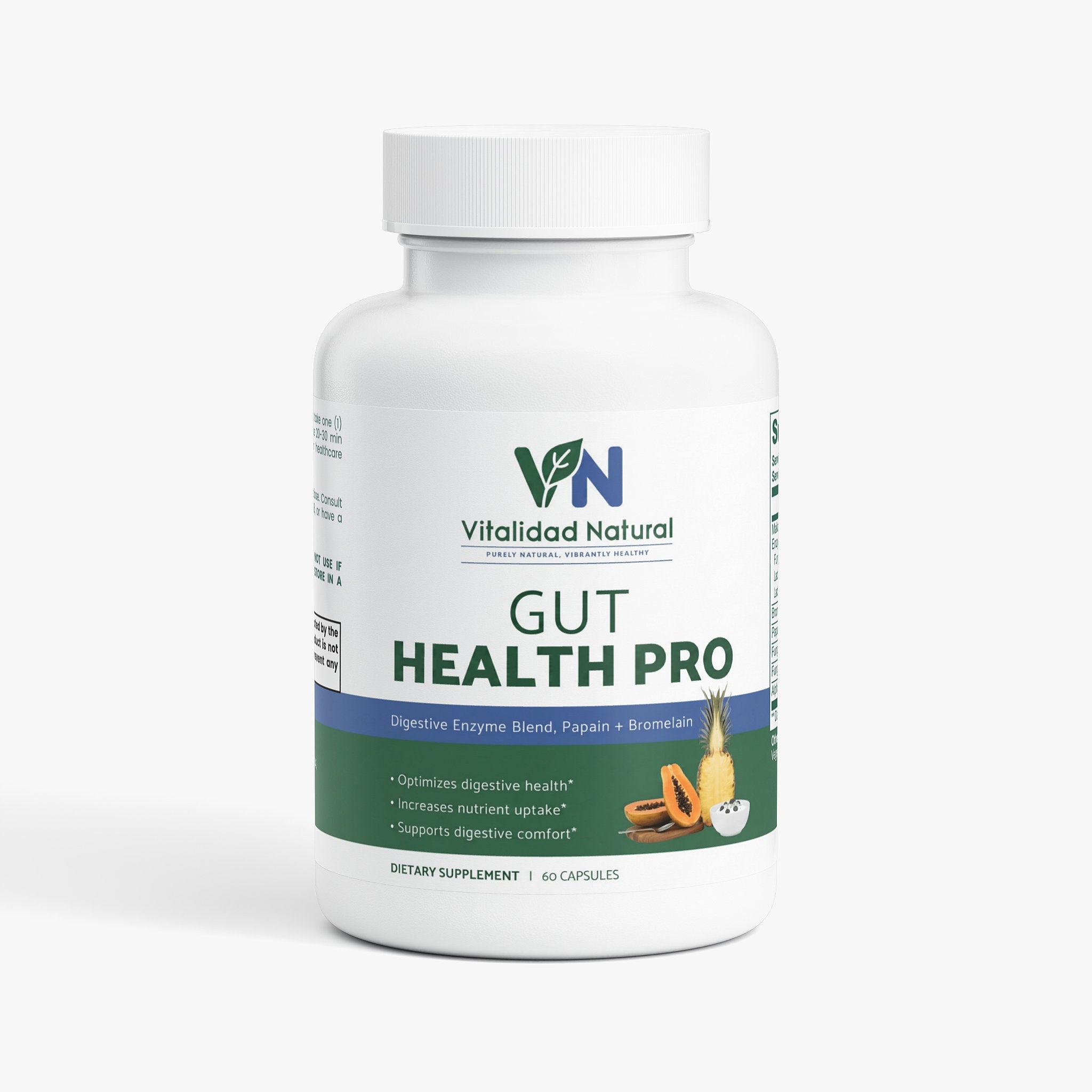 Vitalidad Natural Digestive Enzyme Pro Blend supplement bottle with label showing multi-enzyme formula for daily digestive support.