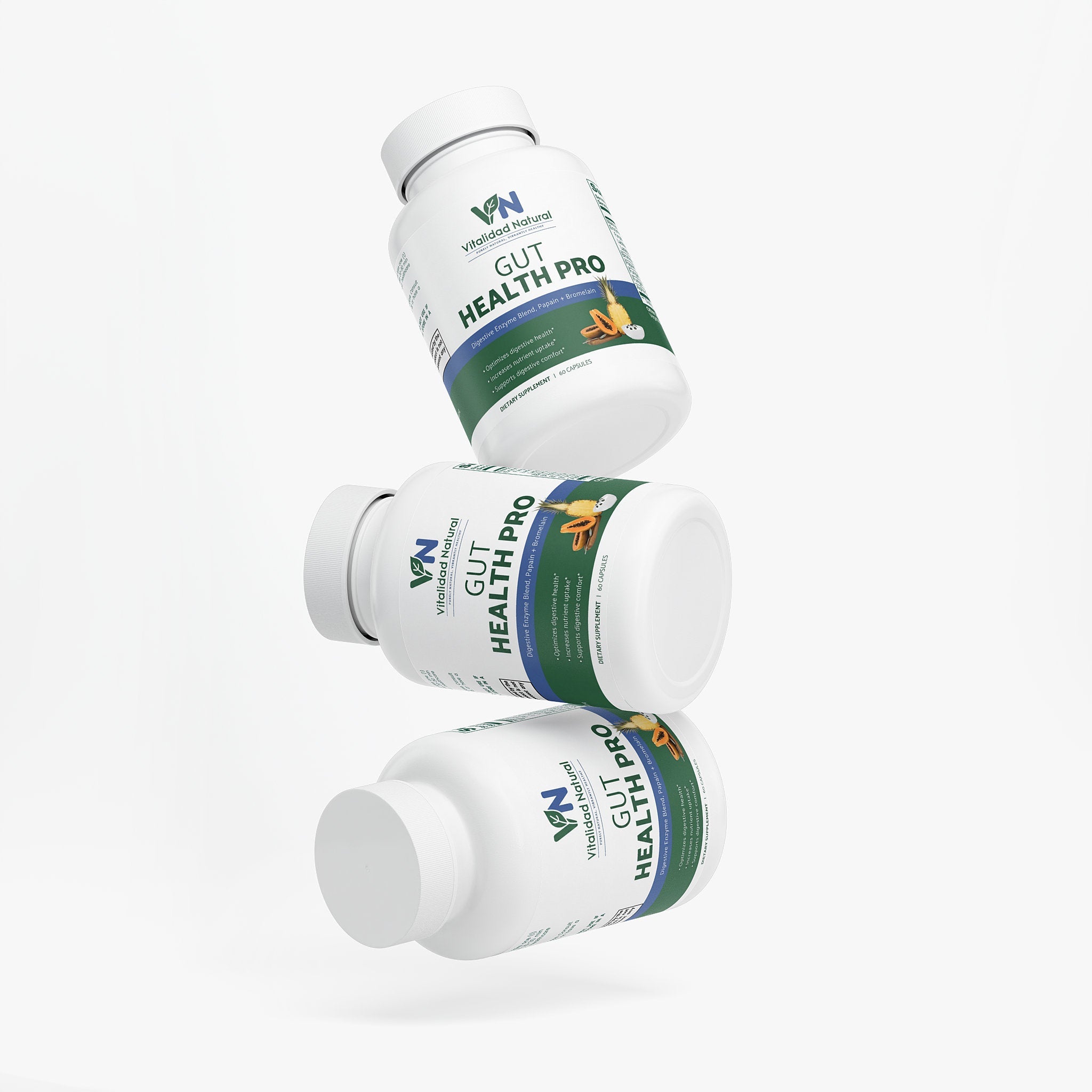 Vitalidad Natural Digestive Enzyme Pro Blend supplement bottle with label displaying multi-enzyme formula for daily digestive support.