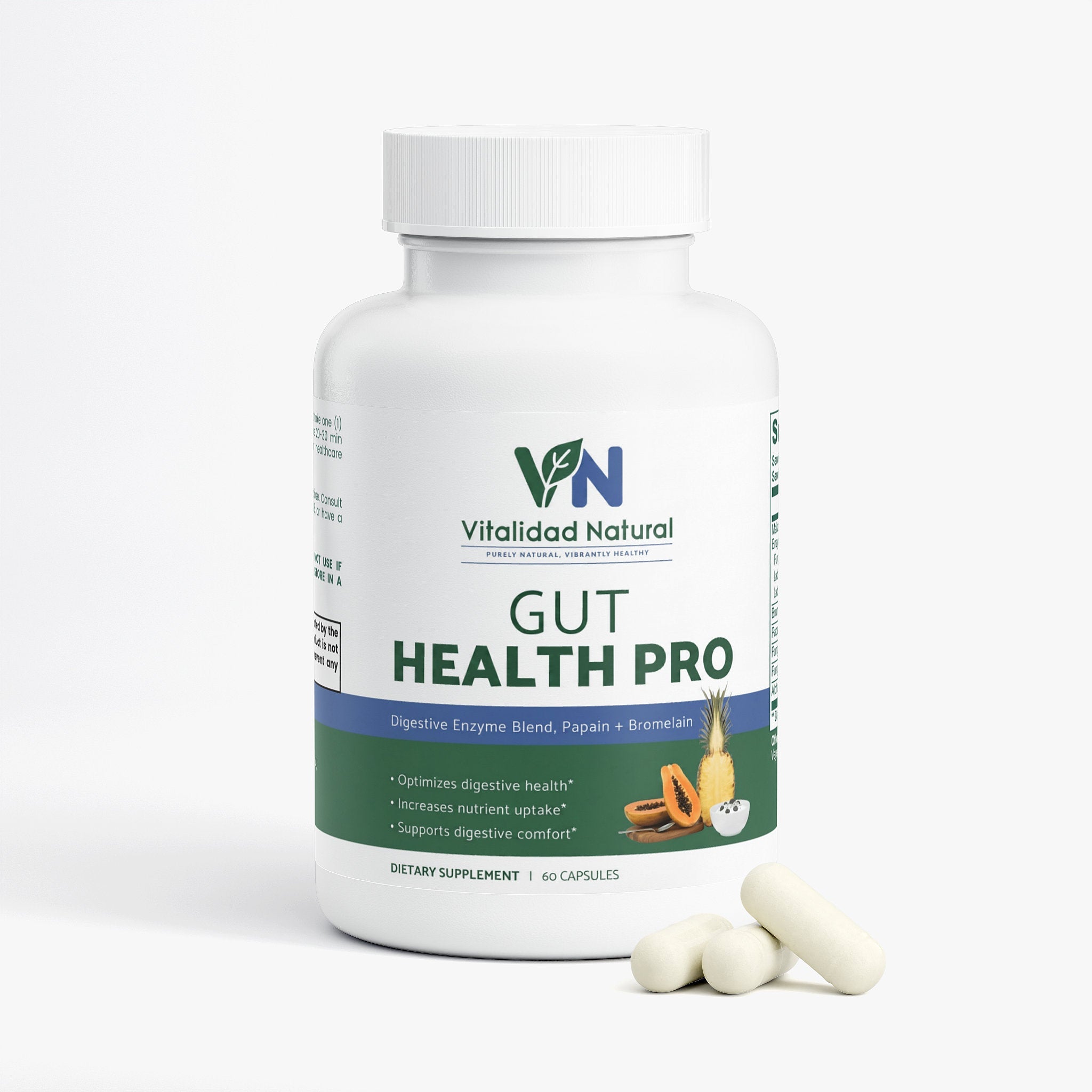 Vitalidad Natural Digestive Enzyme Pro Blend supplement label showing multi-enzyme support for daily wellness.