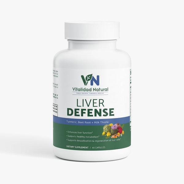 Vitalidad Natural Liver Wellness Support supplement capsules with turmeric, milk thistle, and herbal botanicals for digestive health.