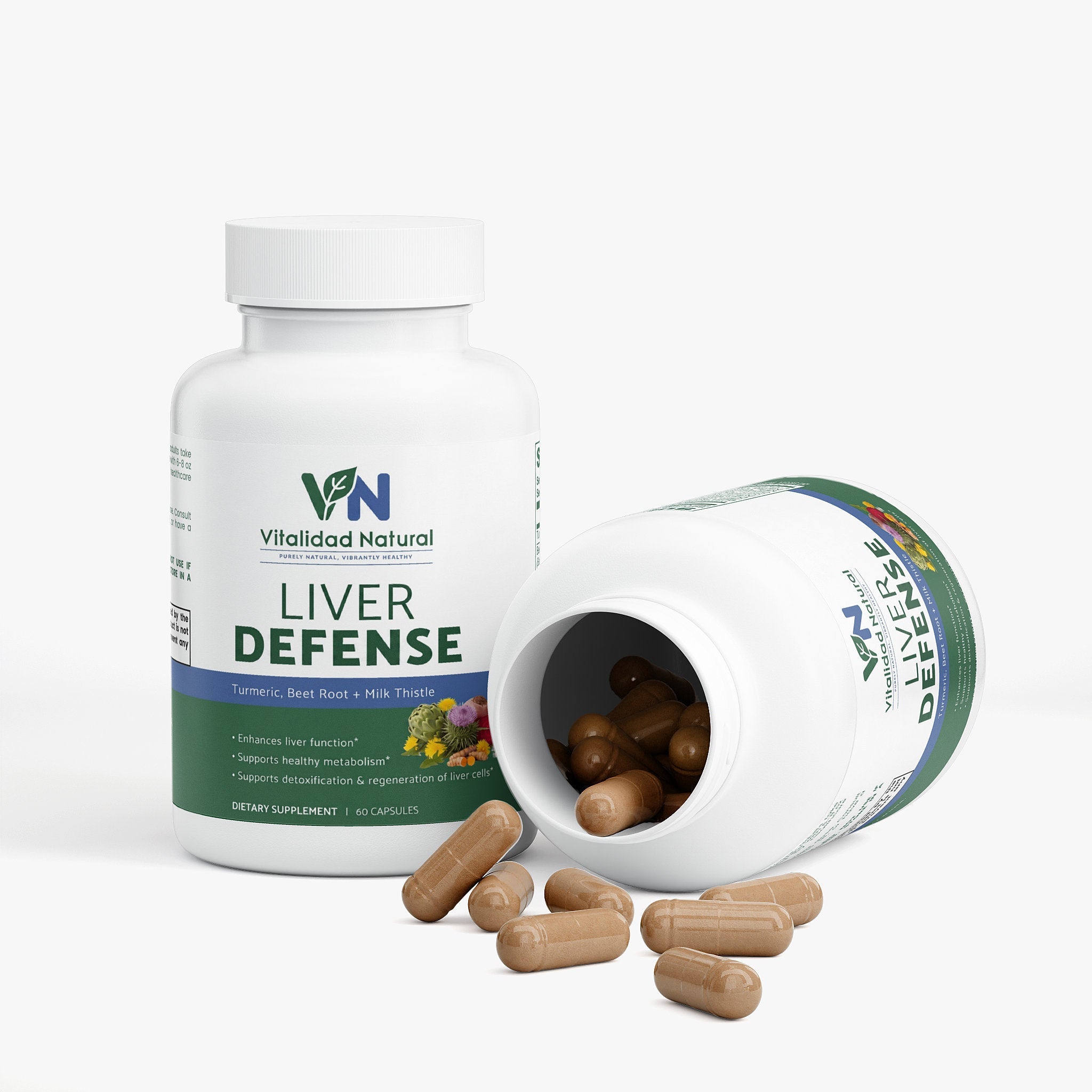 Vitalidad Natural Liver Wellness Support supplement capsules with turmeric, milk thistle, and herbal botanicals for digestive health.