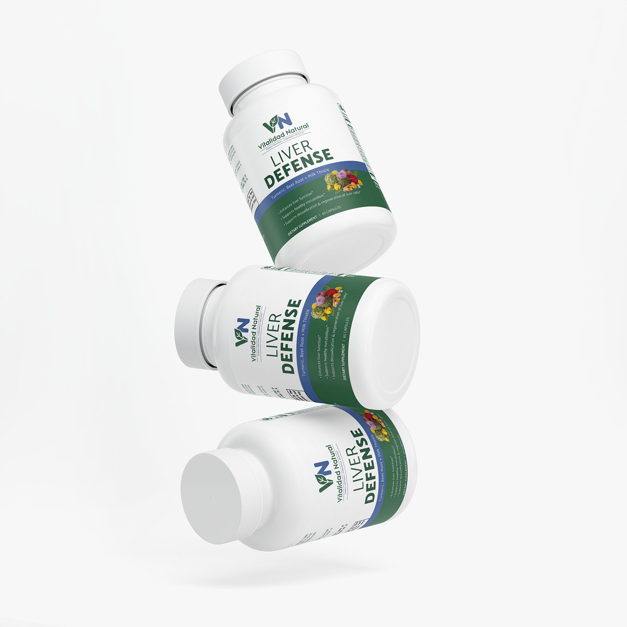 Vitalidad Natural Liver Wellness Support supplement capsules with turmeric, milk thistle, and herbal botanicals for digestive health.