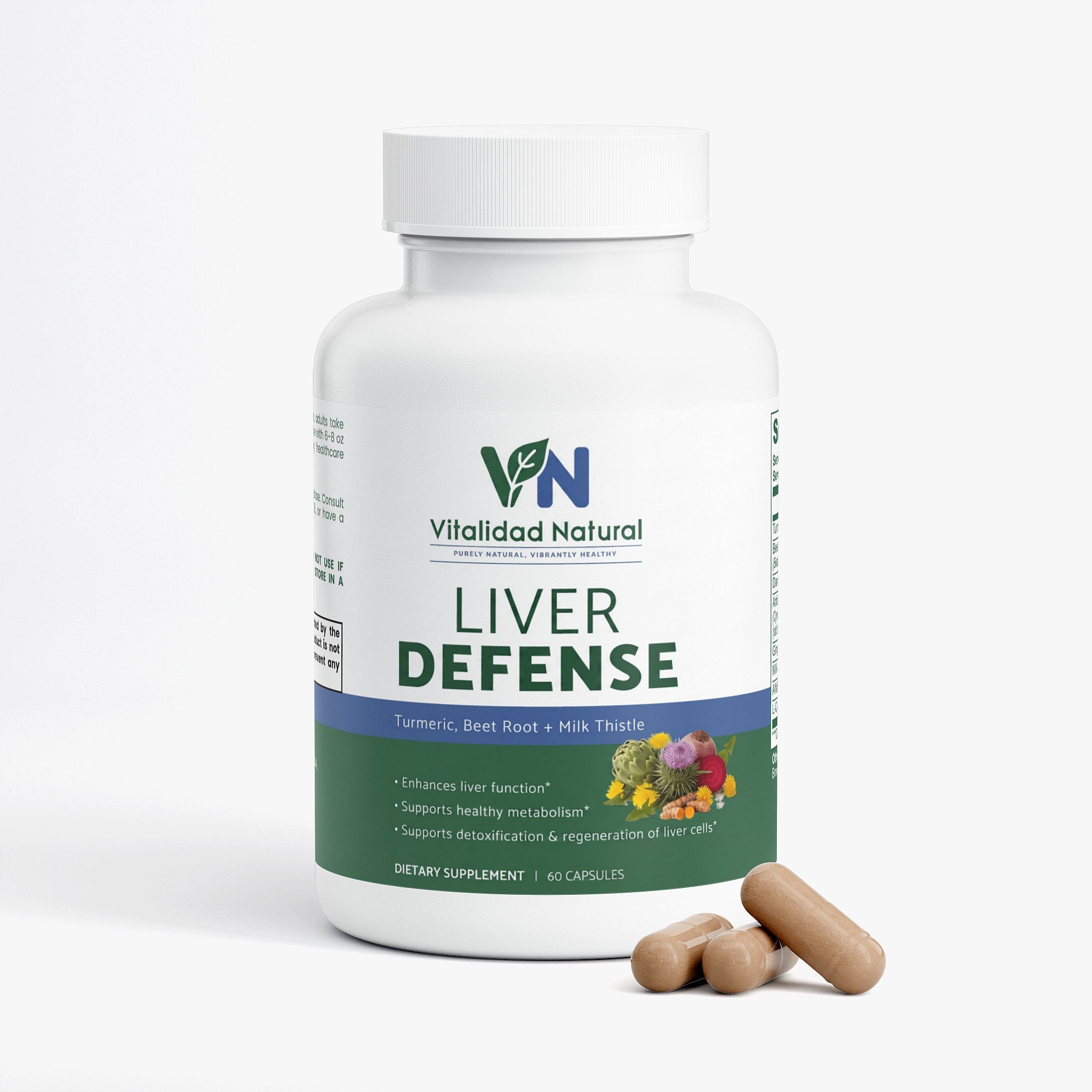 Vitalidad Natural Liver Wellness Support supplement capsules with turmeric, milk thistle, and herbal botanicals for digestive health.