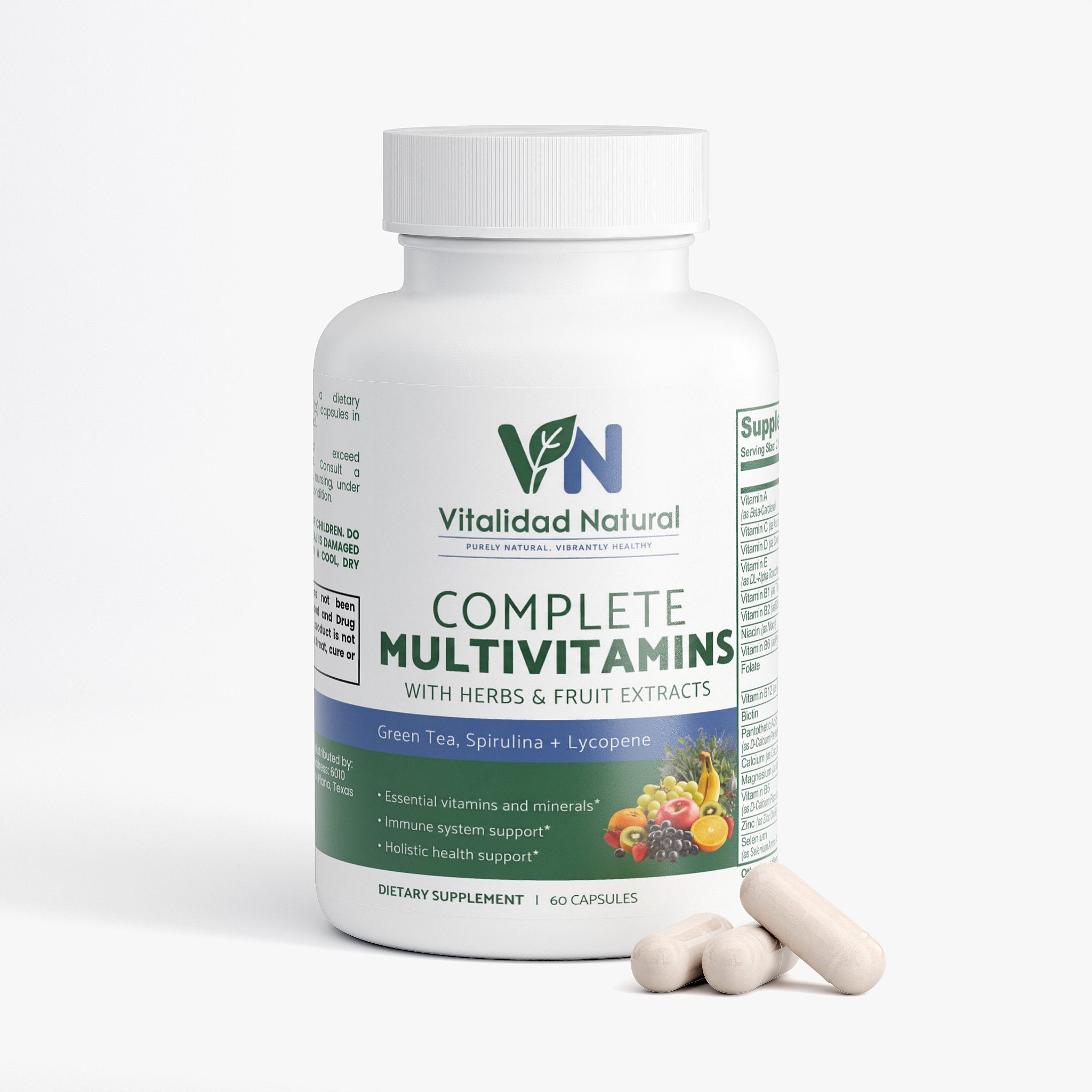 Vitalidad Natural complete multivitamin supplement bottle with label, containing vitamins, minerals, and botanical blend capsules.