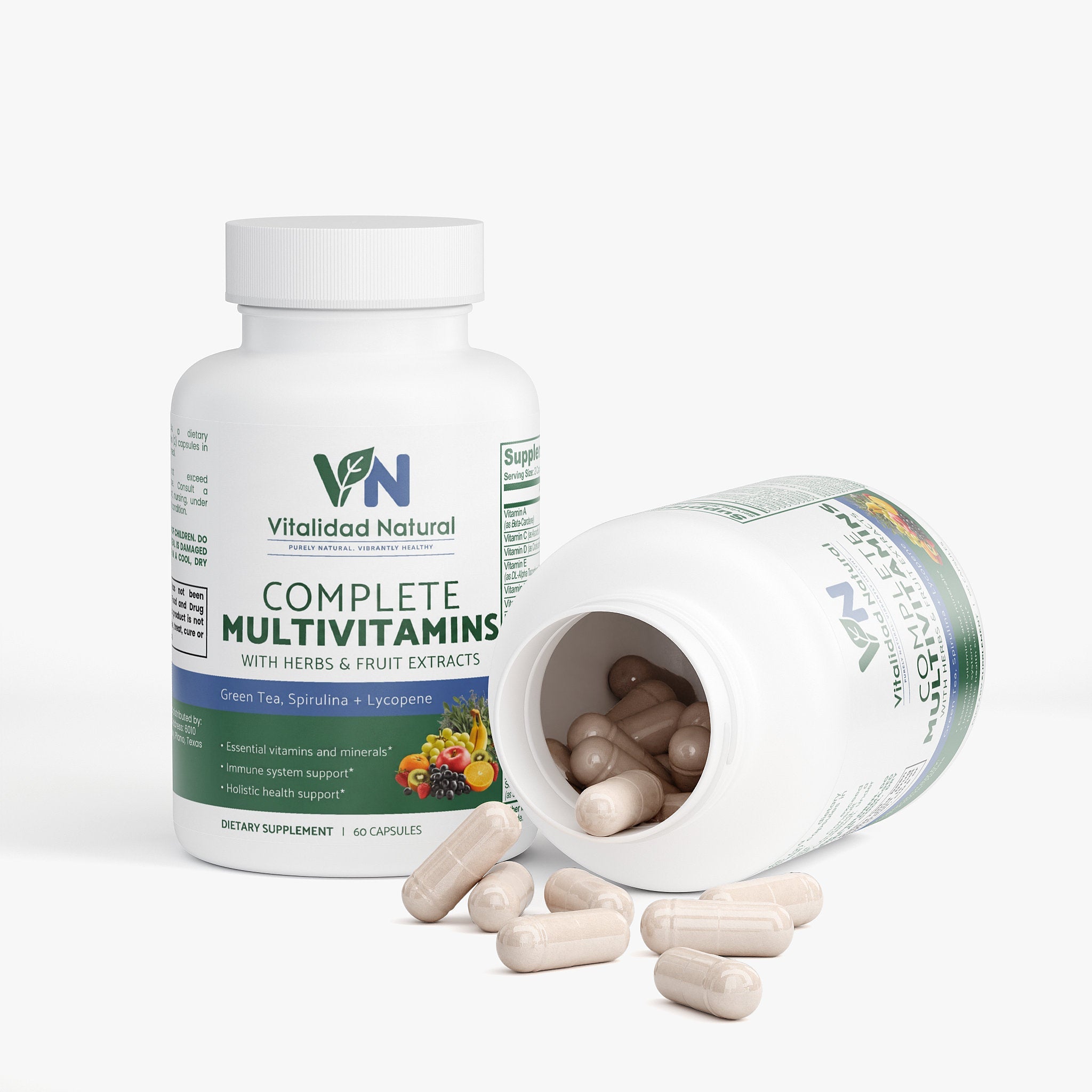 Vitalidad Natural complete multivitamin supplement capsules with vitamins, minerals, and botanical blend for daily health support.