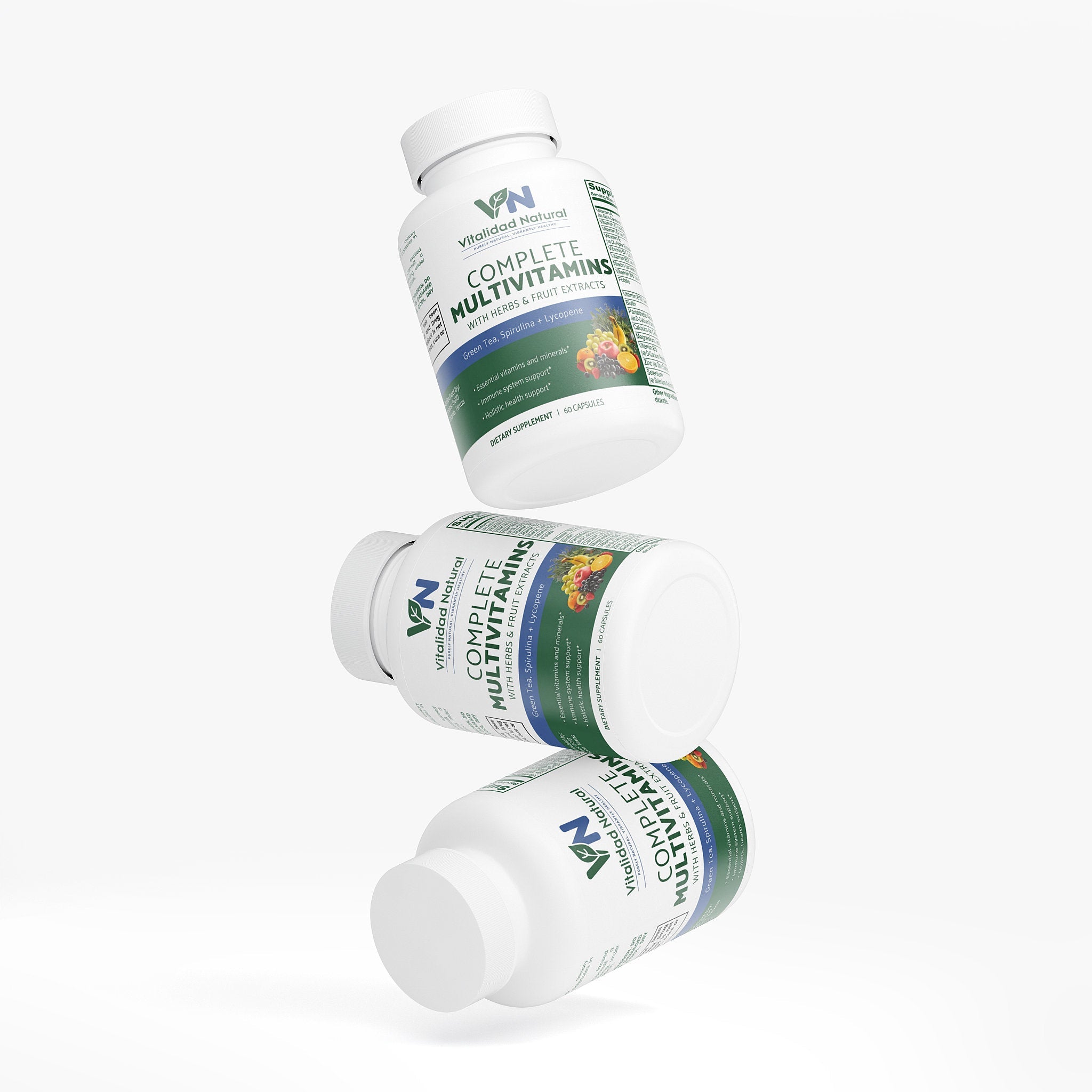 Vitalidad Natural complete multivitamin supplement with capsules containing vitamins, minerals, and botanical blend for overall health.