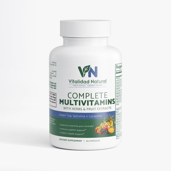 Vitalidad Natural multivitamin supplement bottle with capsules, featuring a label with vitamins, minerals, and botanical blend ingredients.
