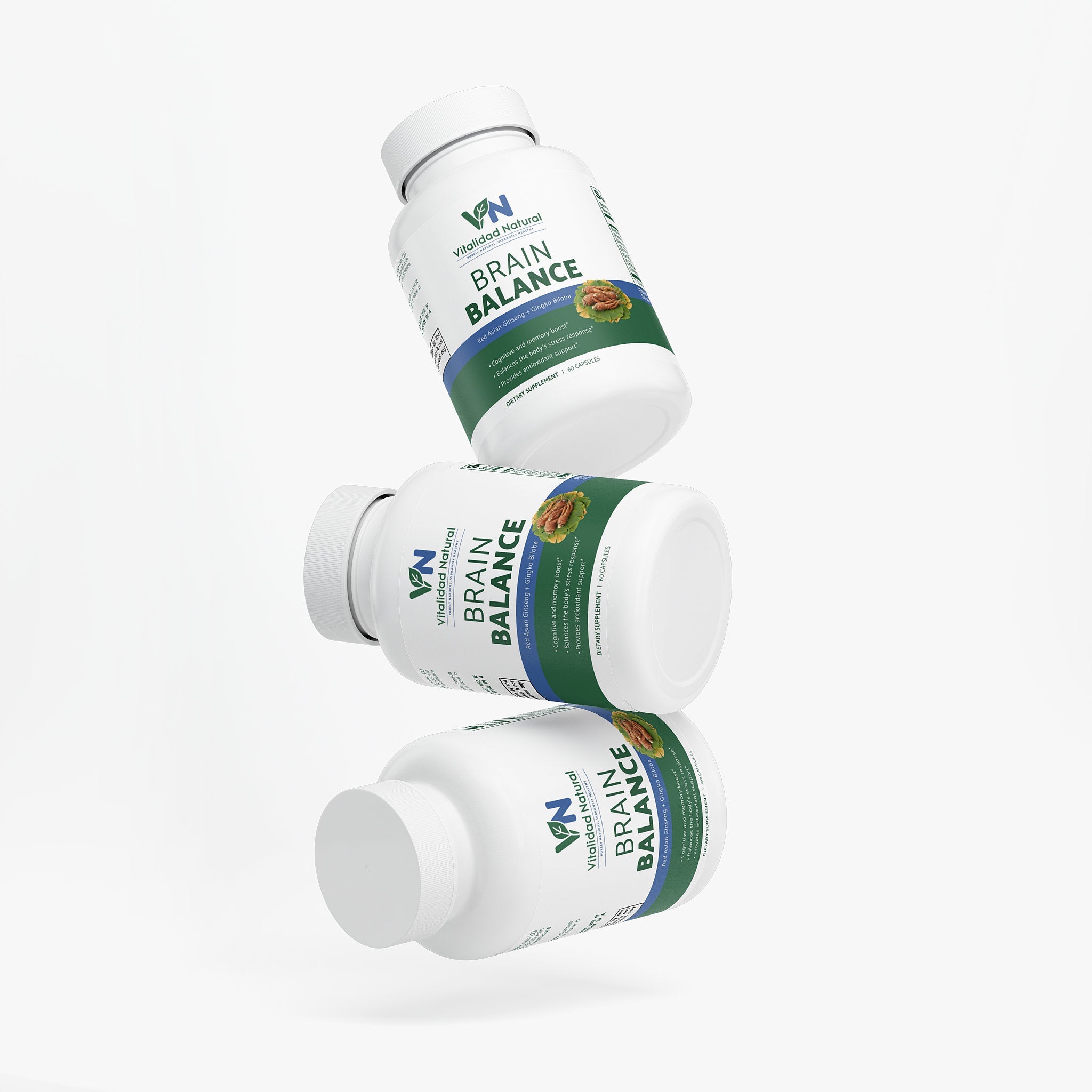 Vitalidad Natural Ginkgo Biloba and Asian Ginseng supplement capsules in herbal bottle label with product details.