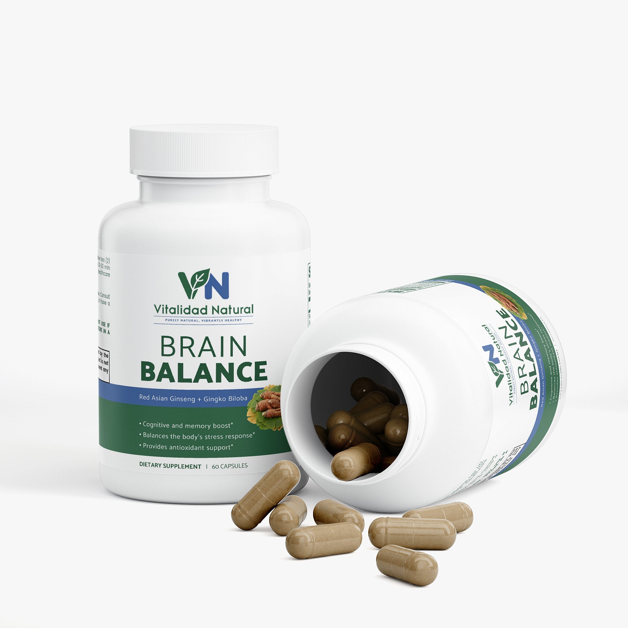Vitalidad Natural Ginkgo Biloba and Asian Ginseng herbal capsules in a supplement bottle with a label.