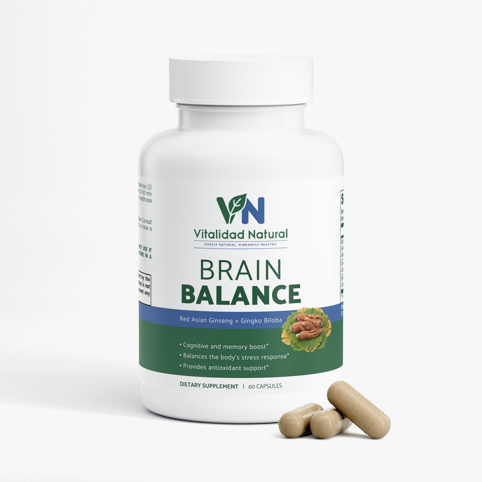 Vitalidad Natural Ginkgo Biloba and Asian Ginseng herbal supplement capsules in a bottle, designed for health and wellness.
