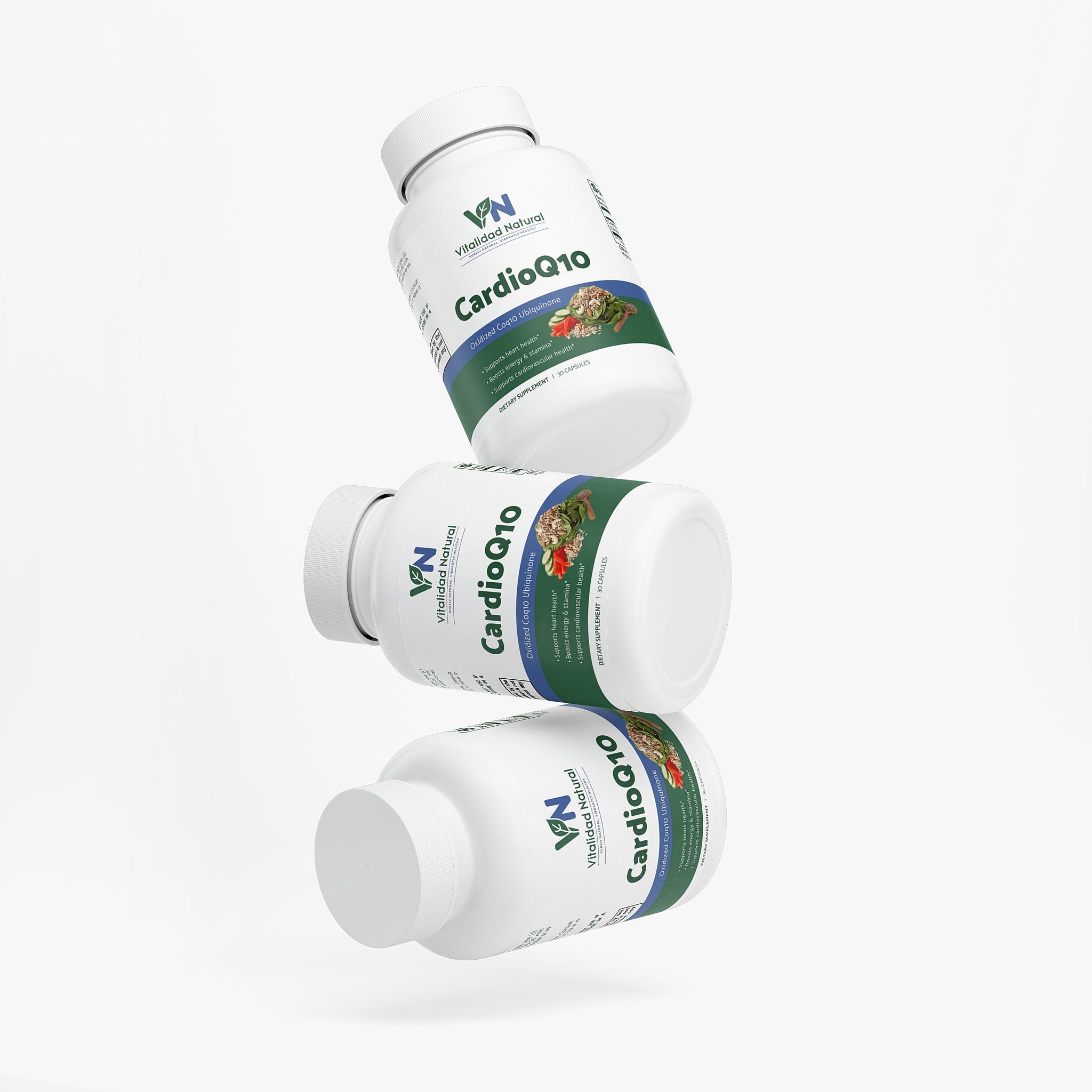 Vitalidad Natural CoQ10 Ubiquinone supplement bottle, antioxidant post-workout recovery formula with label detail