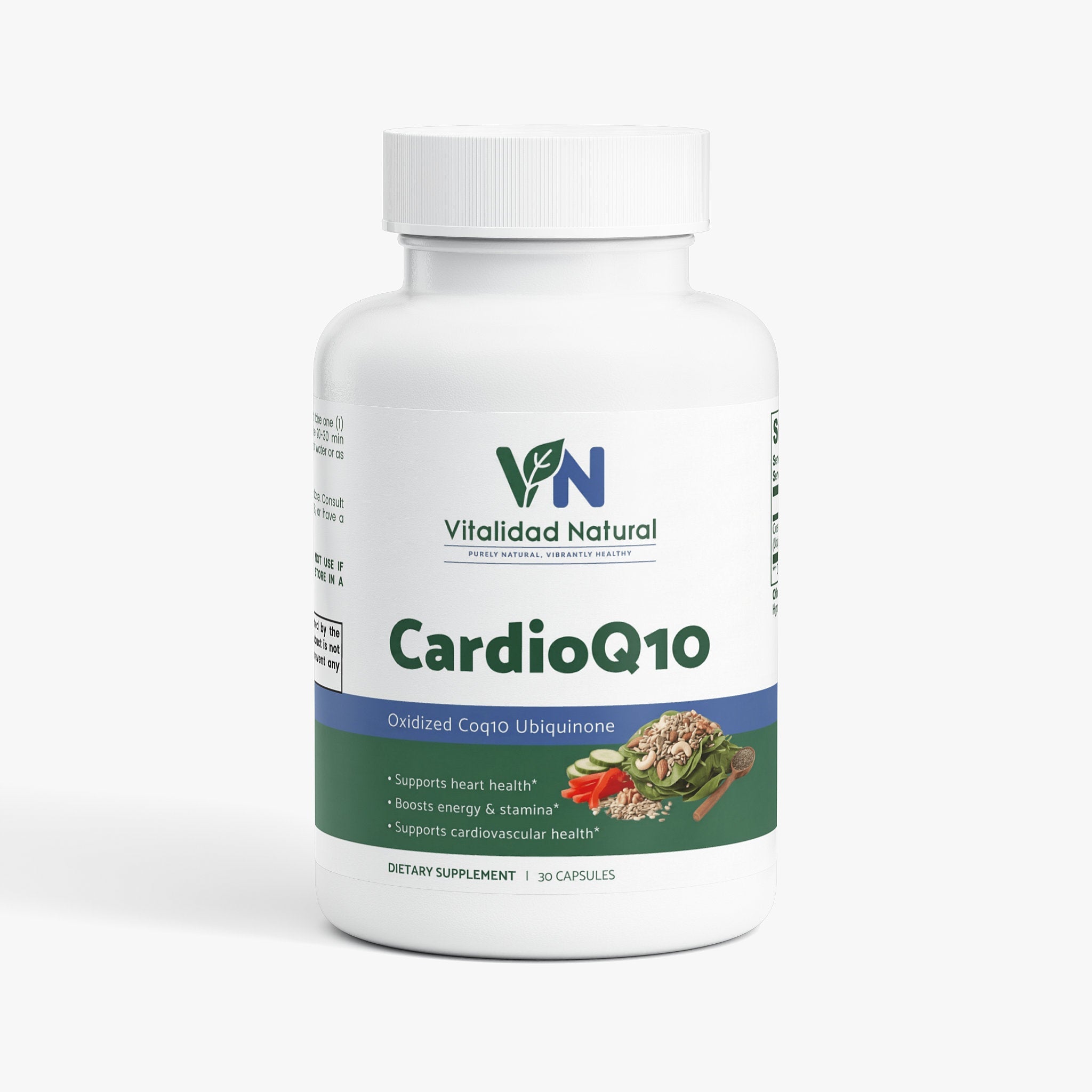 Vitalidad Natural CoQ10 Ubiquinone supplement bottle for post-workout recovery, supporting antioxidant health and daily wellness.