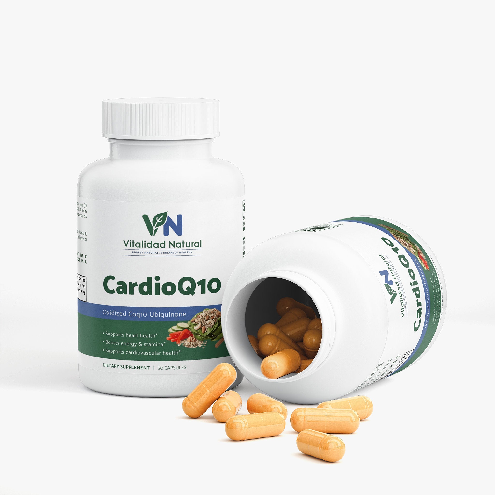 Vitalidad Natural CoQ10 Ubiquinone supplement bottle for post-workout recovery with antioxidant support and daily wellness.