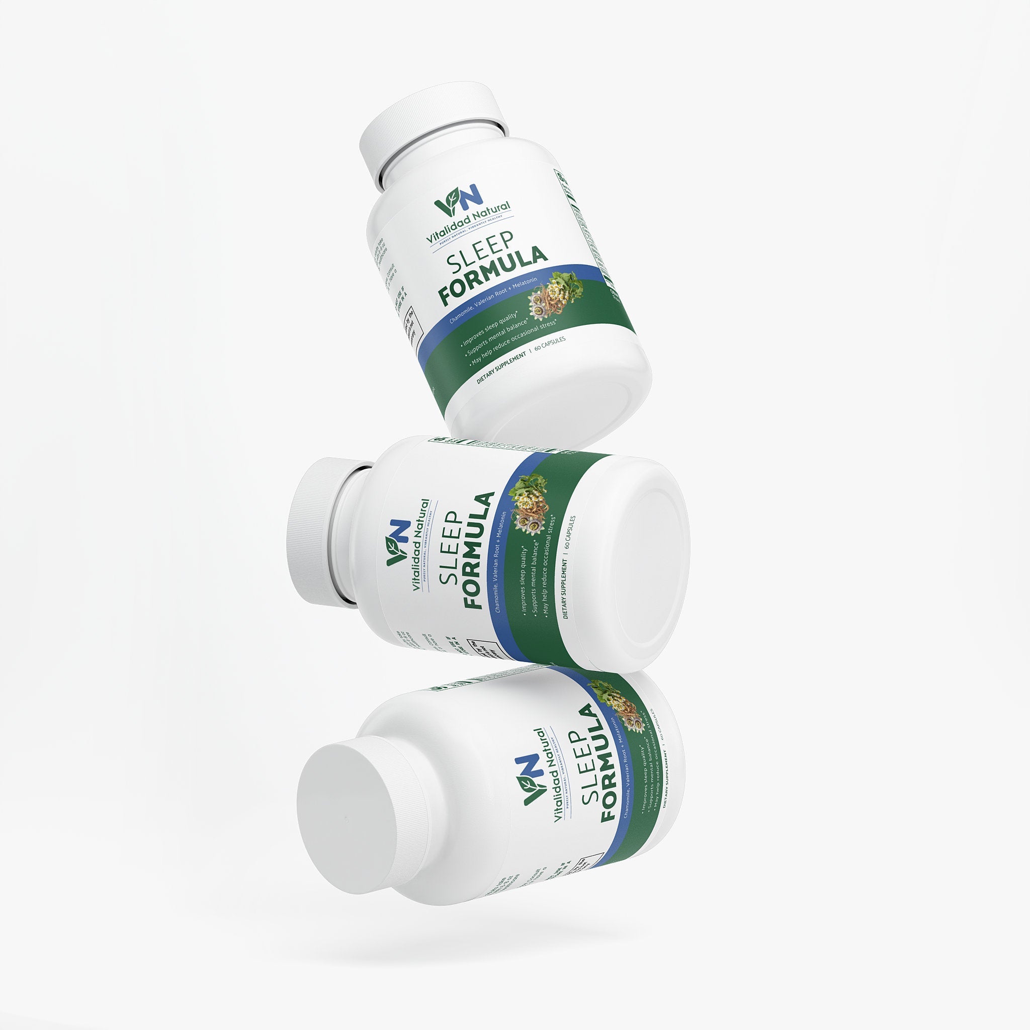 Vitalidad Natural Sleep Wellness Formula capsule with valerian, chamomile, GABA, and melatonin for relaxation and better sleep.
