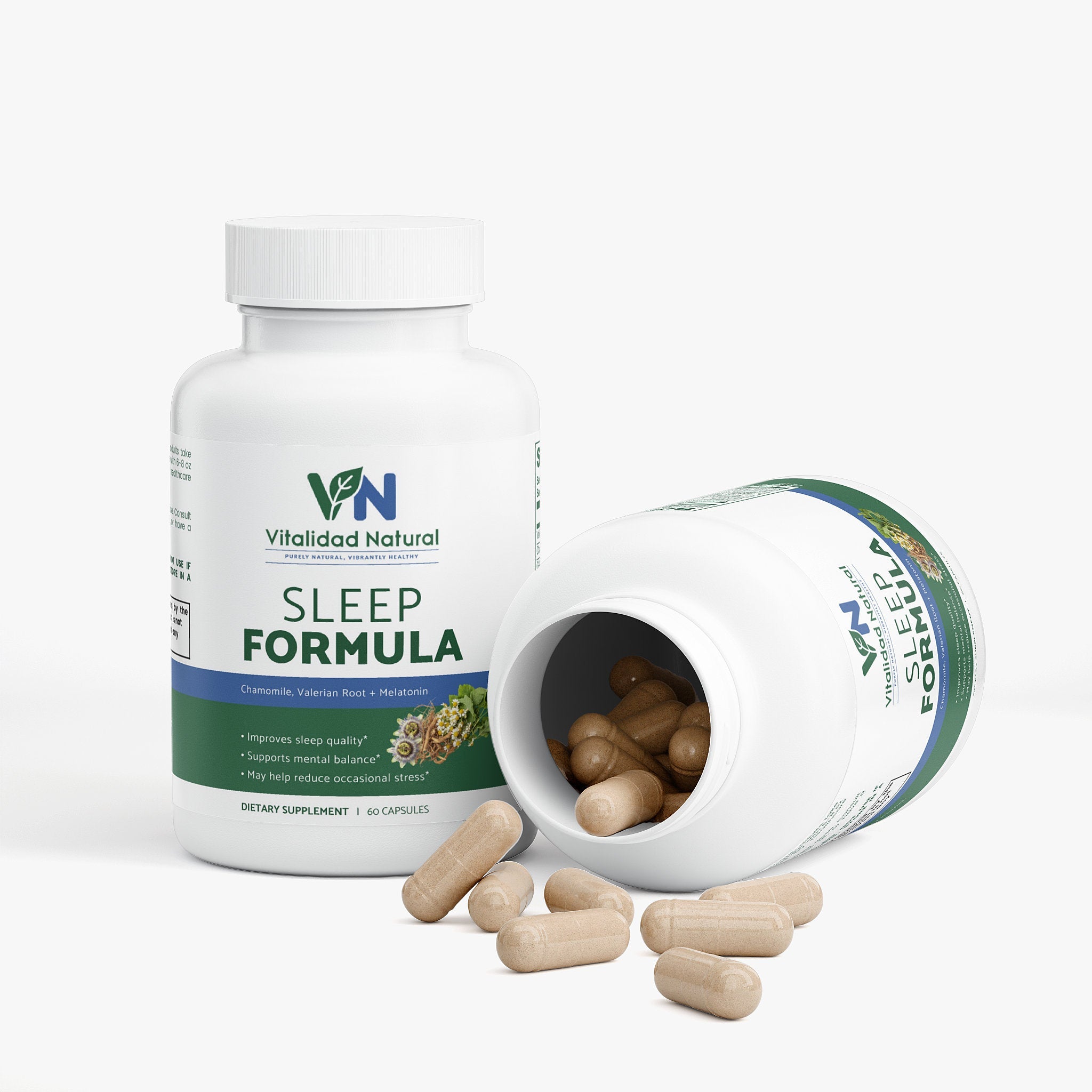 Vitalidad Natural Sleep Wellness Formula capsule with valerian, chamomile, GABA, and melatonin for relaxation and better sleep.