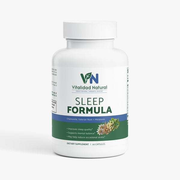 Vitalidad Natural Sleep Wellness Formula capsule with valerian, chamomile, GABA, and melatonin for relaxation and restful sleep.