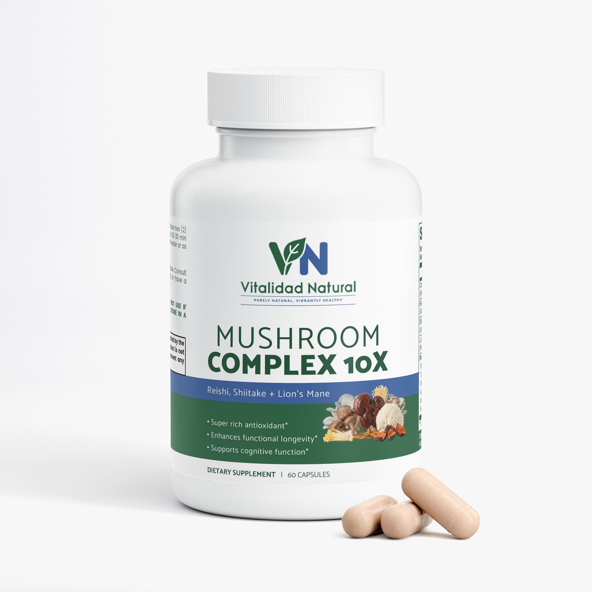 Vitalidad Natural 8 Mushroom Blend supplement capsules featuring Lion’s Mane, Reishi, Chaga, and Cordyceps mushrooms.