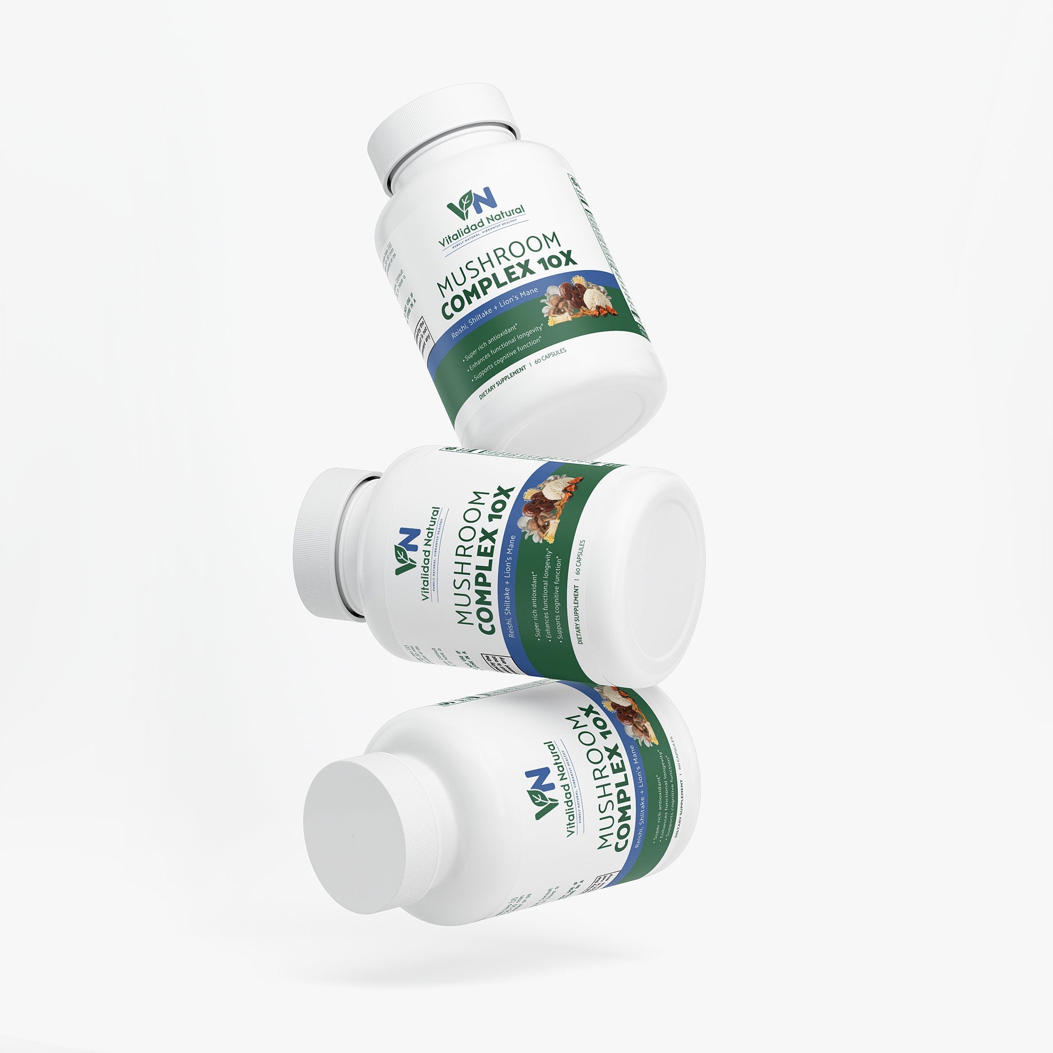 Vitalidad Natural 8 Mushroom Blend supplement capsules featuring Lion’s Mane, Reishi, Chaga, and Cordyceps for immune support.