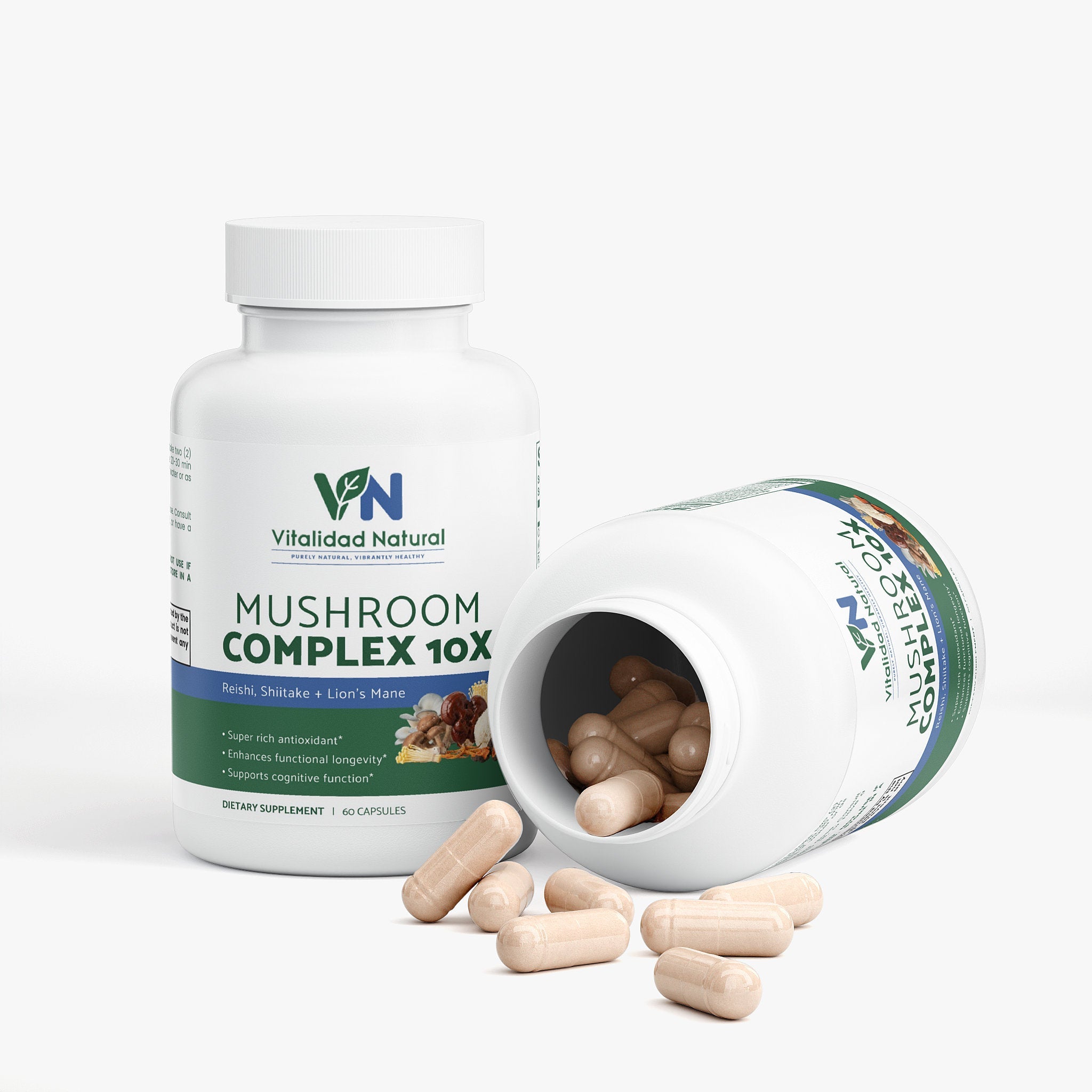 Vitalidad Natural 8 Mushroom Blend supplement capsules with Lion’s Mane, Reishi, Chaga, and Cordyceps mushrooms.