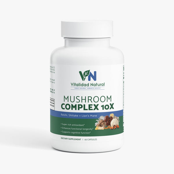 Vitalidad Natural 8 Mushroom Blend supplement capsules featuring Lion’s Mane, Reishi, Chaga, and Cordyceps for immune support.