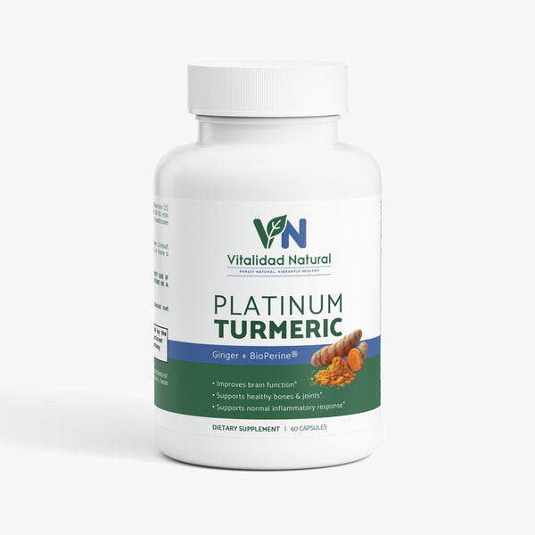 Vitalidad Natural Platinum Turmeric supplement bottle with label, showing health and beauty vitamin packaging.